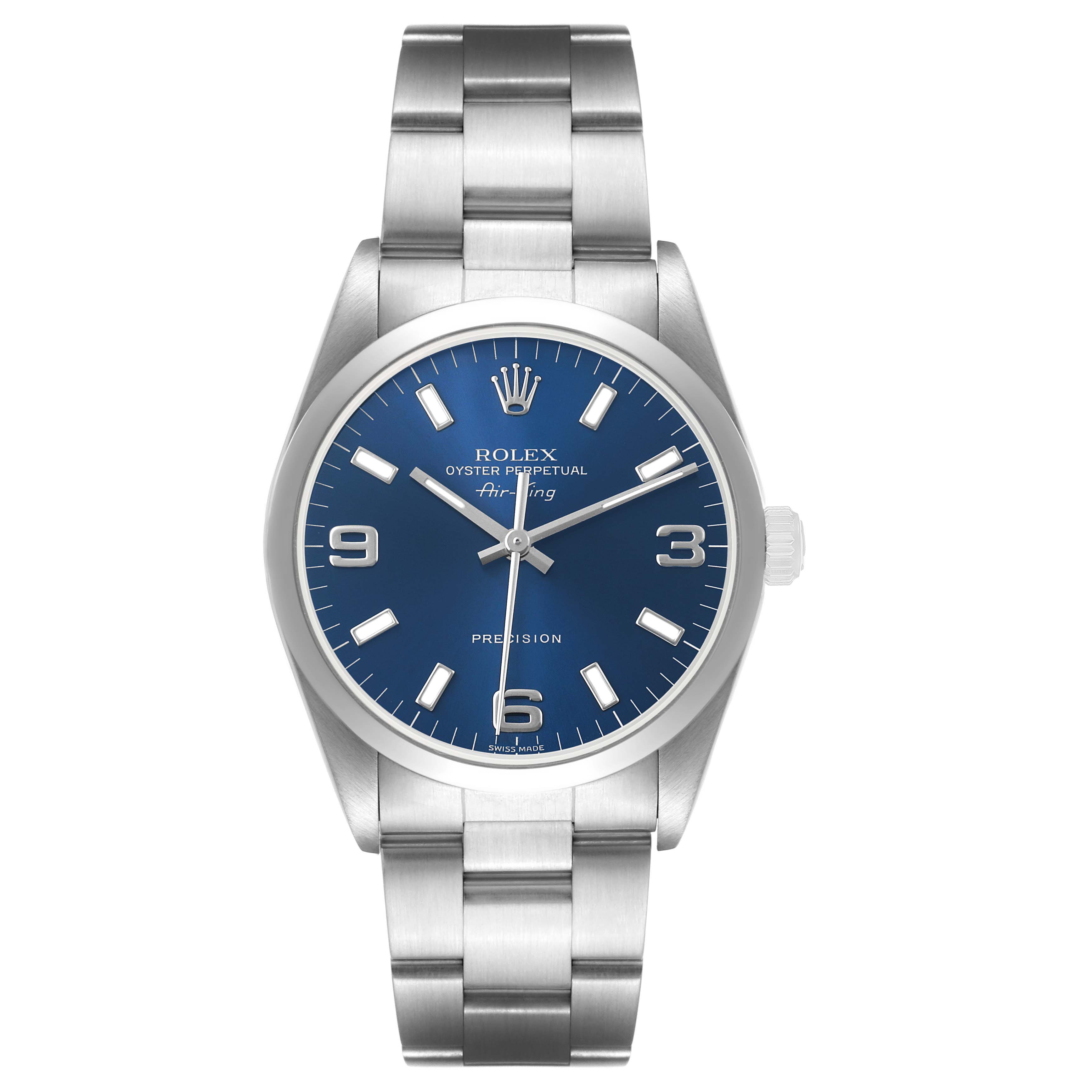 The Rolex Air-King 14000 Men's Stainless Steel Blue Dial watch is shown straight-on, displaying the full face, bracelet, and bezel.