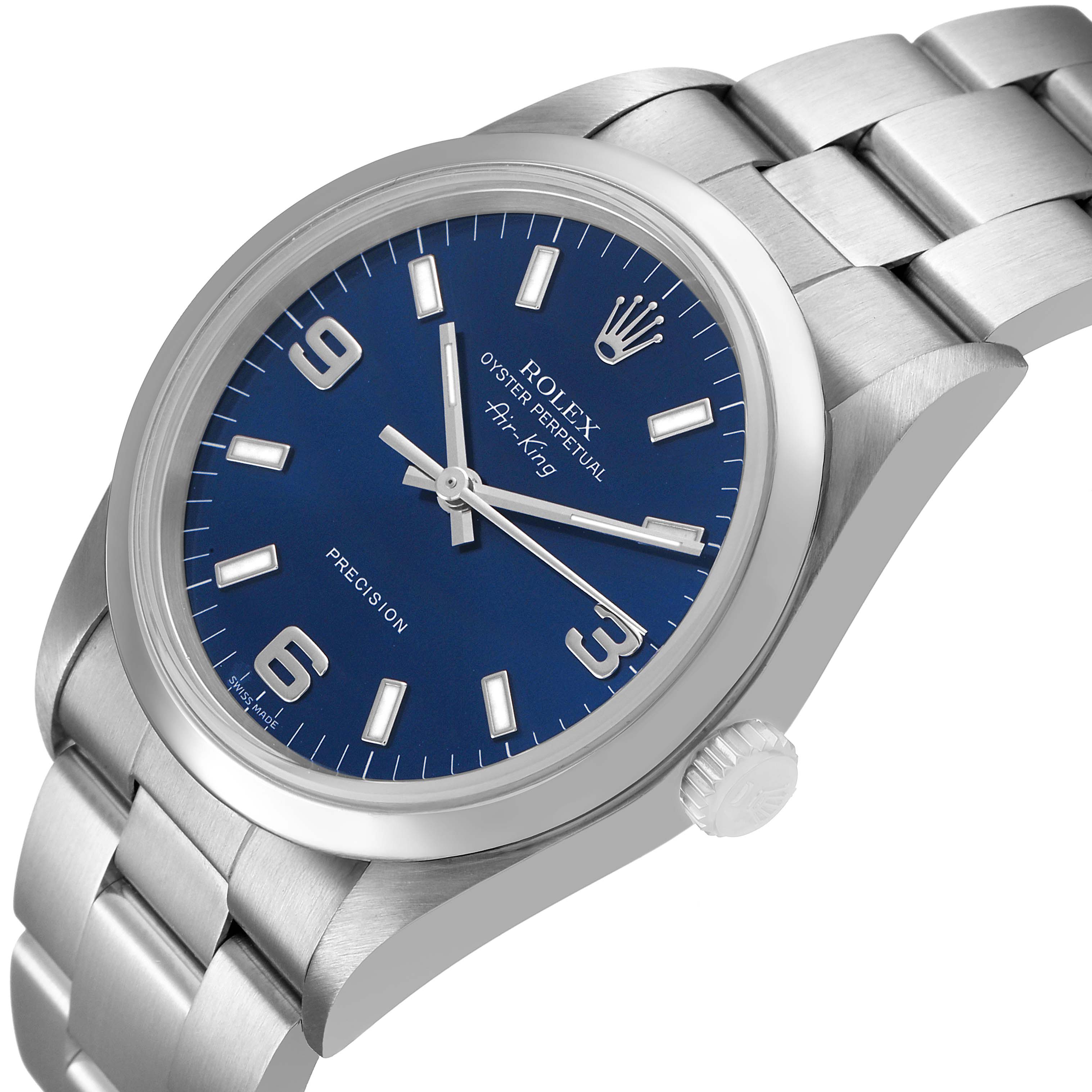 The Rolex Air-King 14000 Men's Stainless Steel Blue Dial watch is shown from a three-quarter angle, highlighting the blue dial, crown, and stainless steel bracelet.