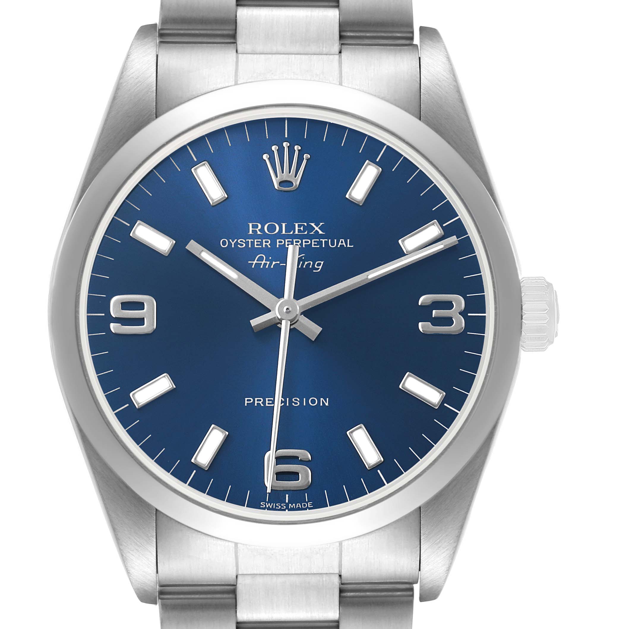 The Rolex Air-King 14000 Men's Stainless Steel Blue Dial watch is shown from the front, highlighting its blue dial and stainless steel bracelet.