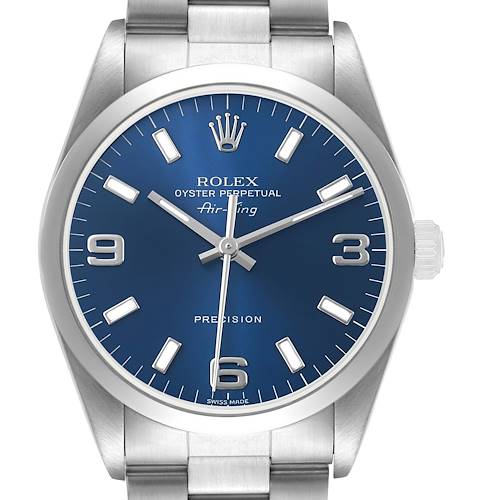 The Rolex Air-King 14000 Men's Stainless Steel Blue Dial watch is shown from a frontal angle, highlighting the blue dial, hour markers, hands, and part of the bracelet.
