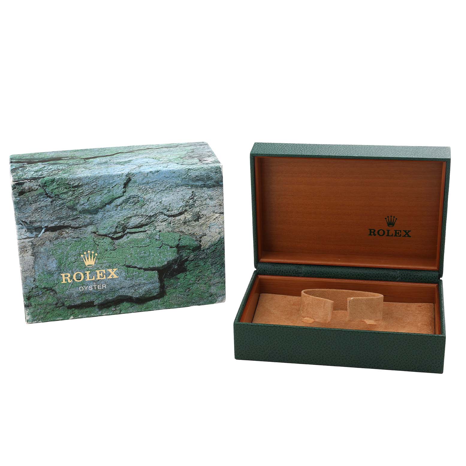 The image shows the packaging for a Rolex Air-King 14000 Men's Stainless Steel Blue Dial watch, featuring an open box and its exterior sleeve.