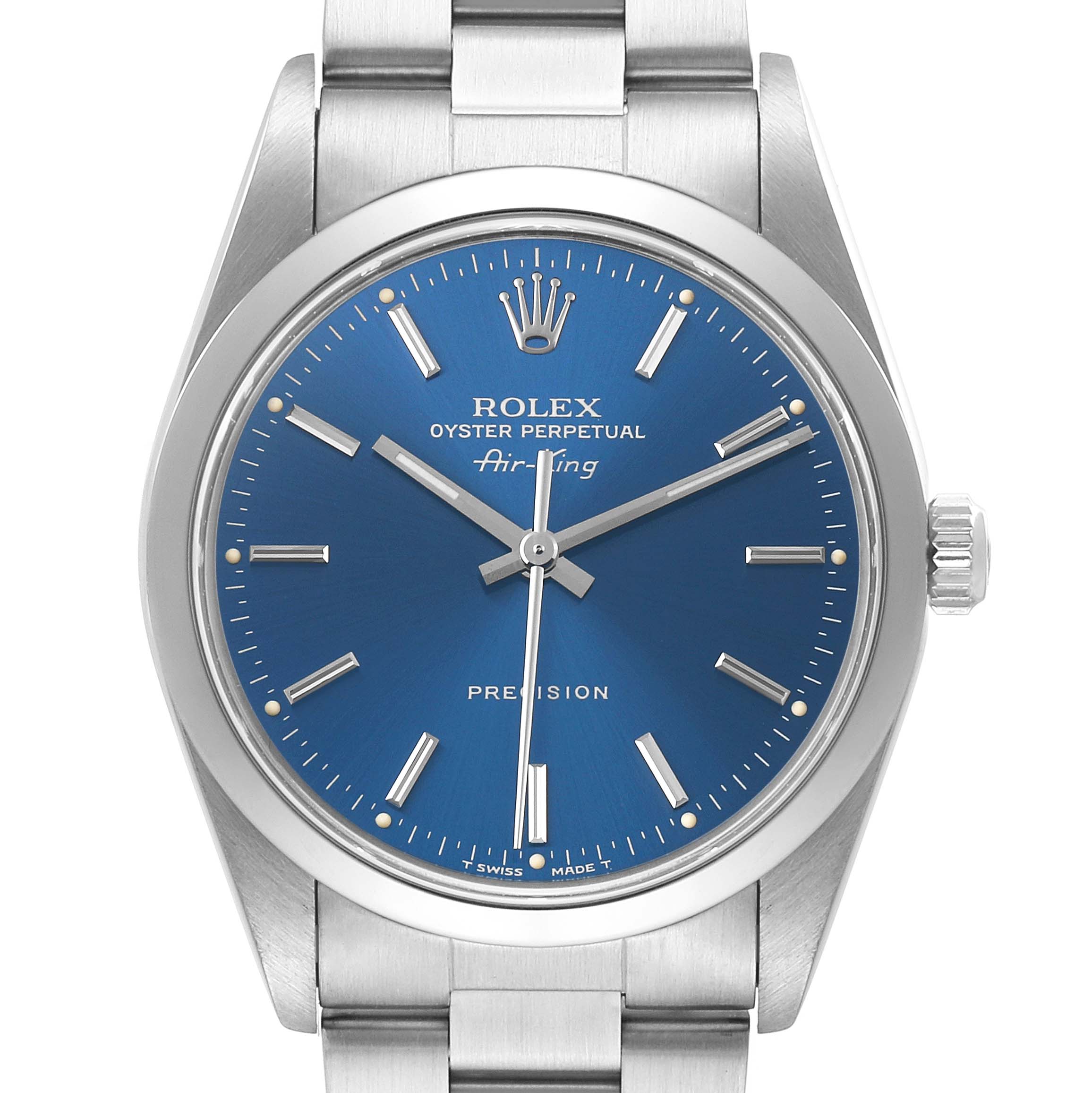 The Rolex Air-King 14000 Men's Stainless Steel Blue Dial watch is shown from the front, displaying the dial, hands, crown, and part of the bracelet.