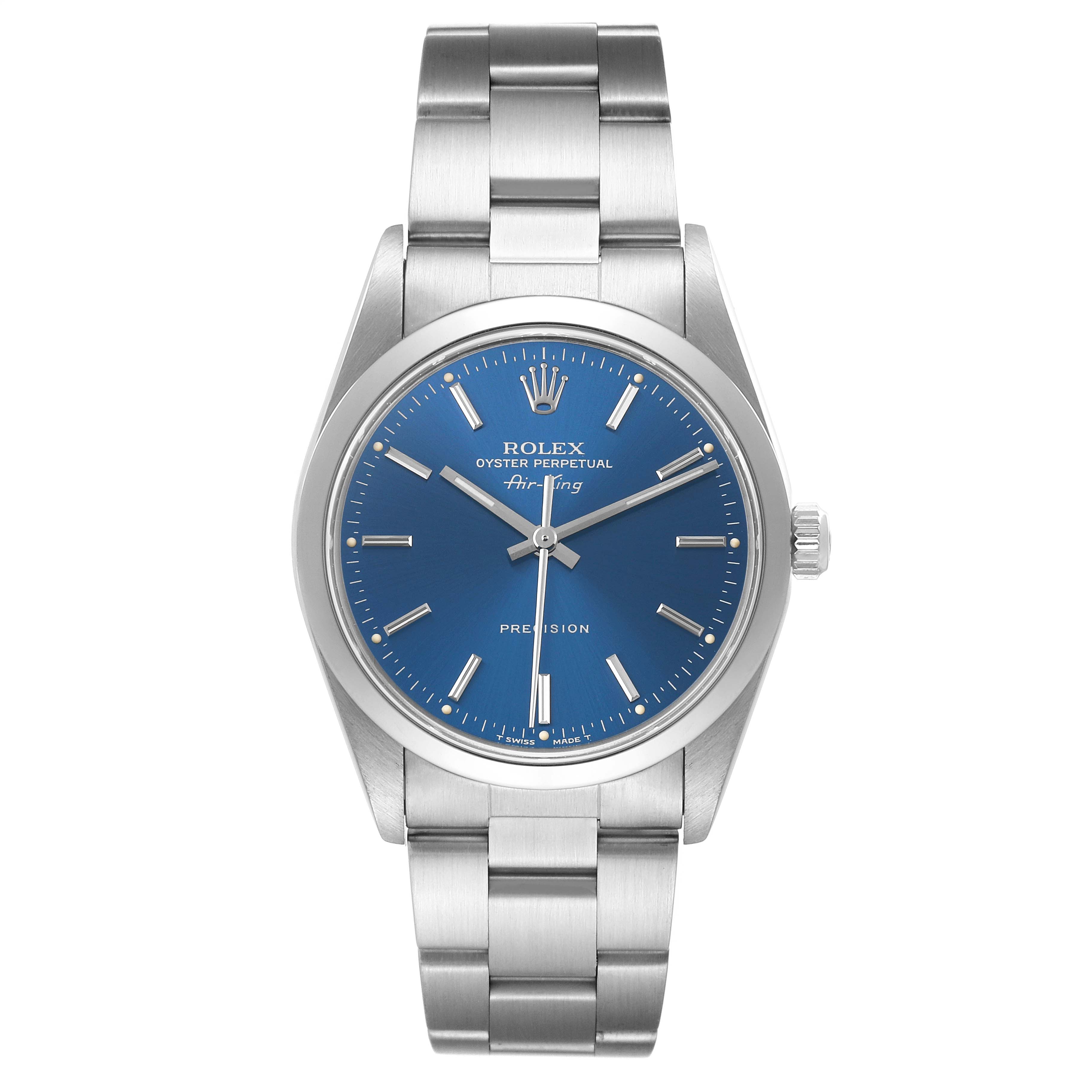 The Rolex Air-King 14000 Men's Stainless Steel Blue Dial watch is shown from the front, displaying its blue dial, bracelet, and crown.