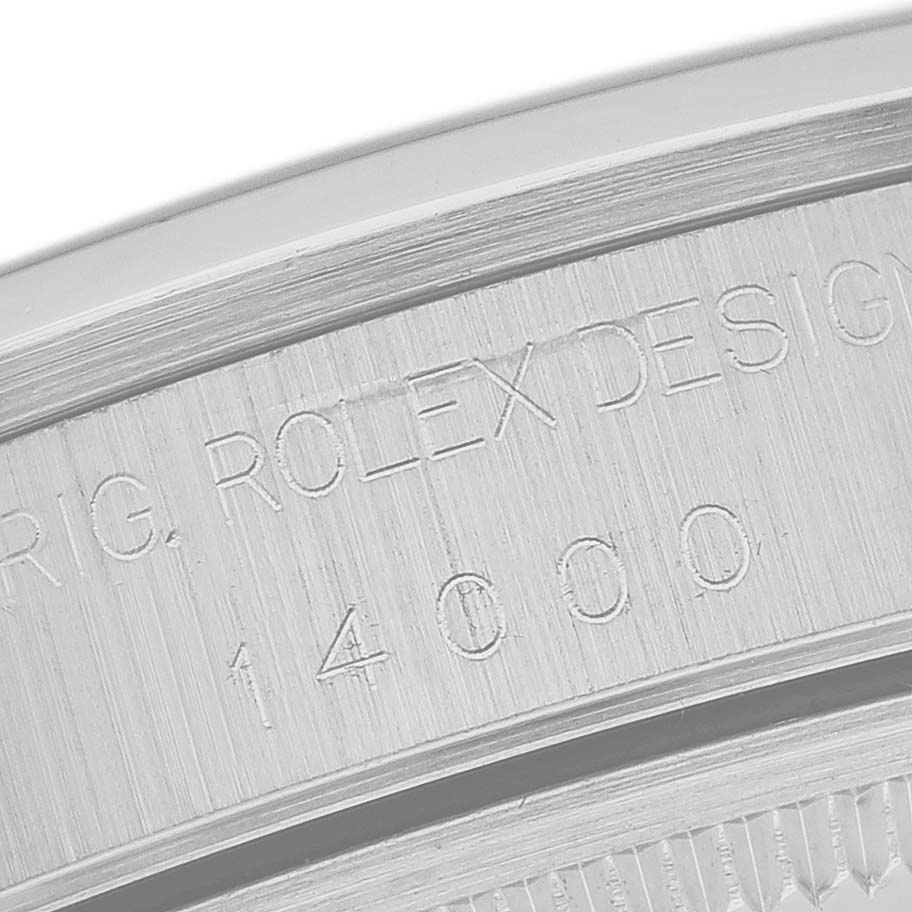 The image shows the inner engraving of the bezel on a Rolex Air-King 14000 Men's Stainless Steel Blue Dial watch, displaying the model number.