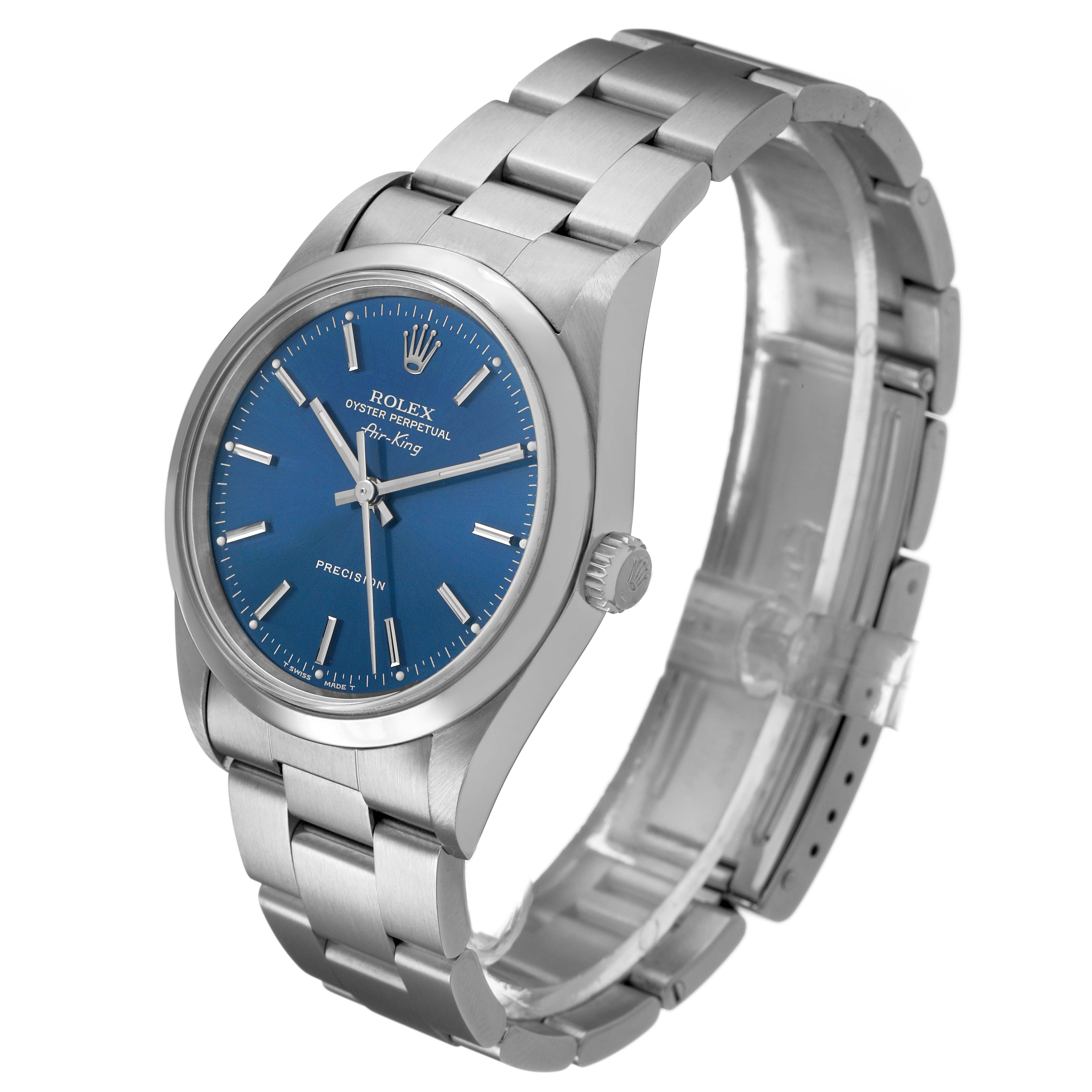 The Rolex Air-King 14000 Men's Stainless Steel Blue Dial watch is shown at a slight angle, displaying its blue dial, crown, bezel, and stainless steel bracelet.