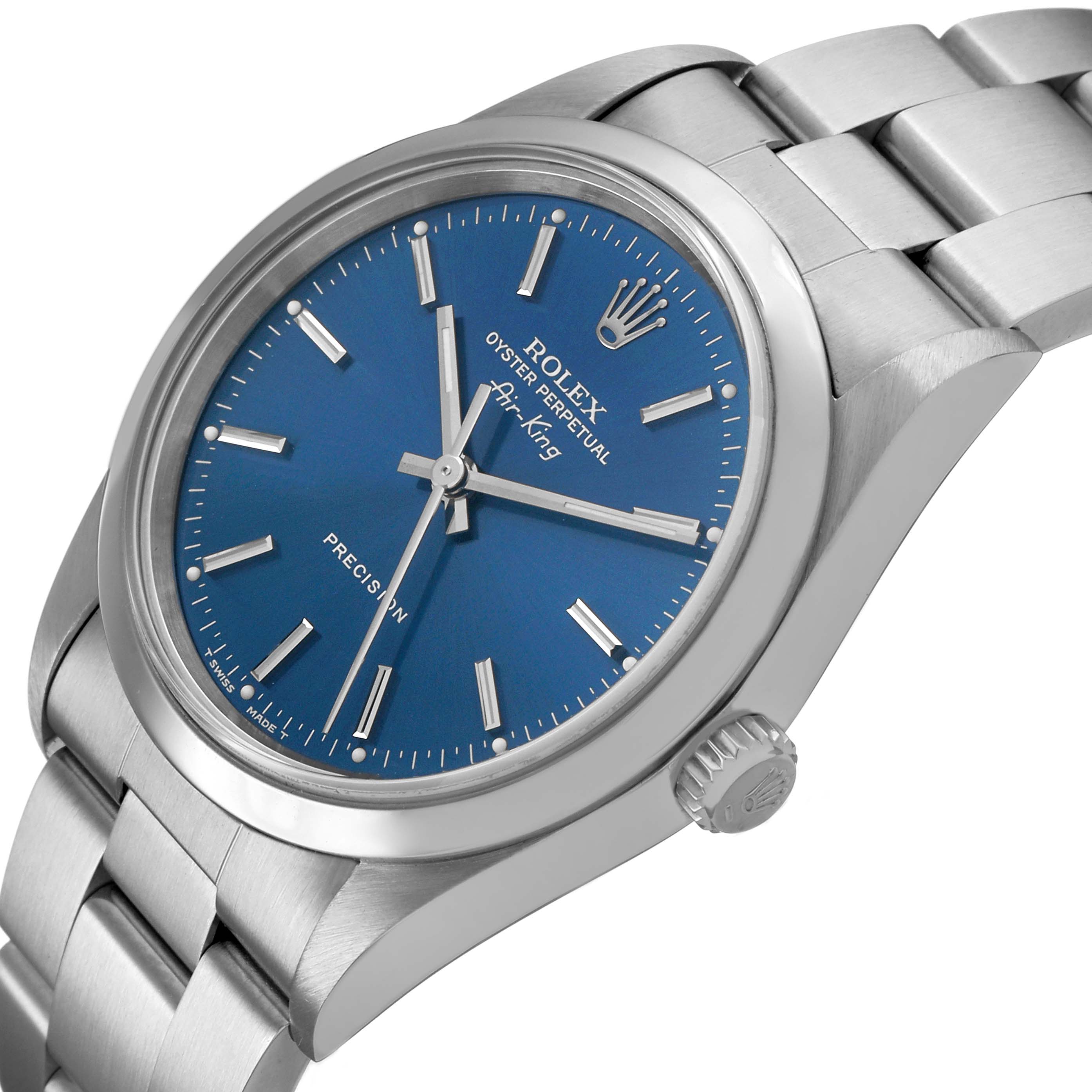 The Rolex Air-King 14000 Men's Stainless Steel Blue Dial watch is shown at a three-quarter angle, highlighting the blue dial, crown, and stainless steel bracelet.