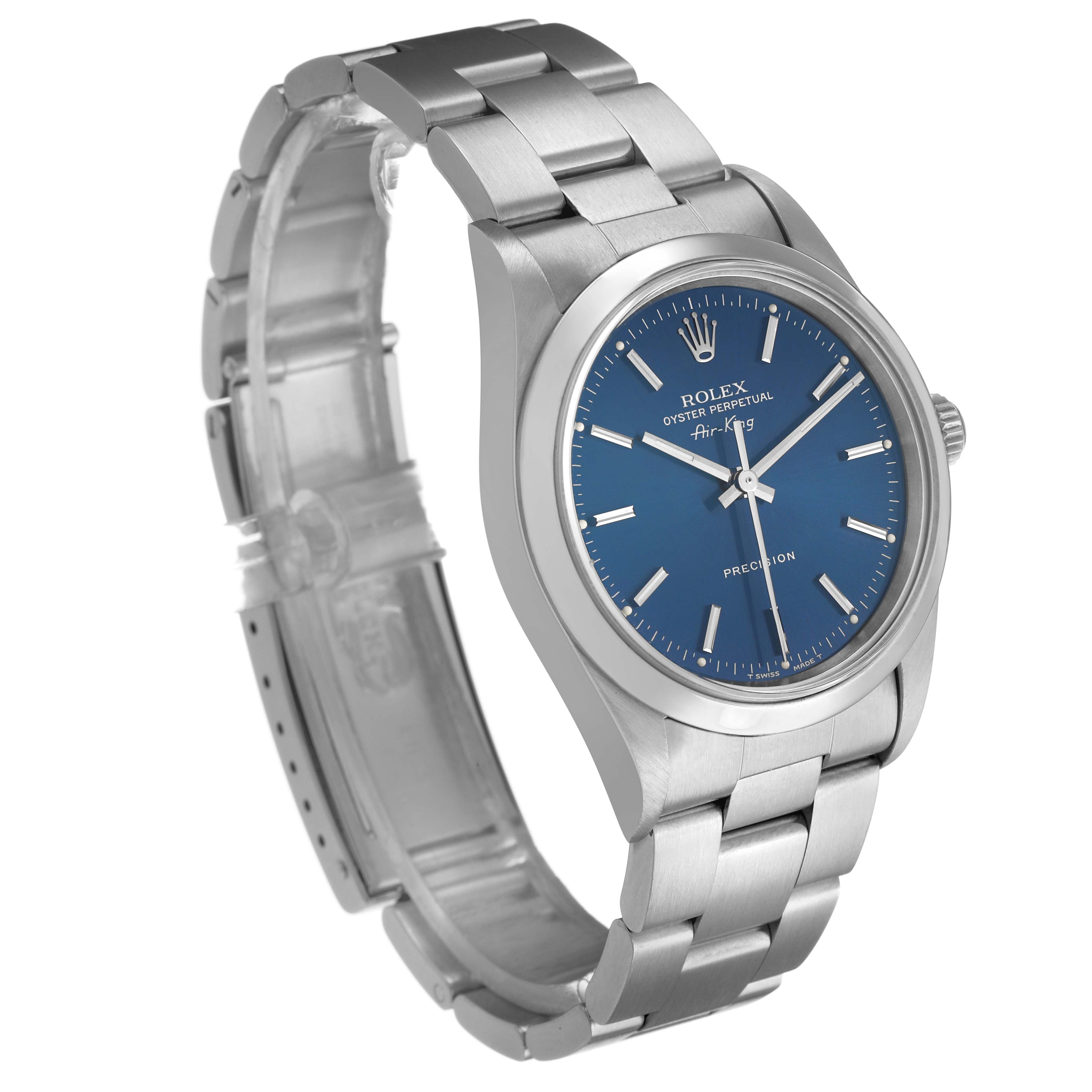The Rolex Air-King 14000 Men's Stainless Steel Blue Dial watch is shown at a three-quarter angle, highlighting the face, bracelet, and crown.