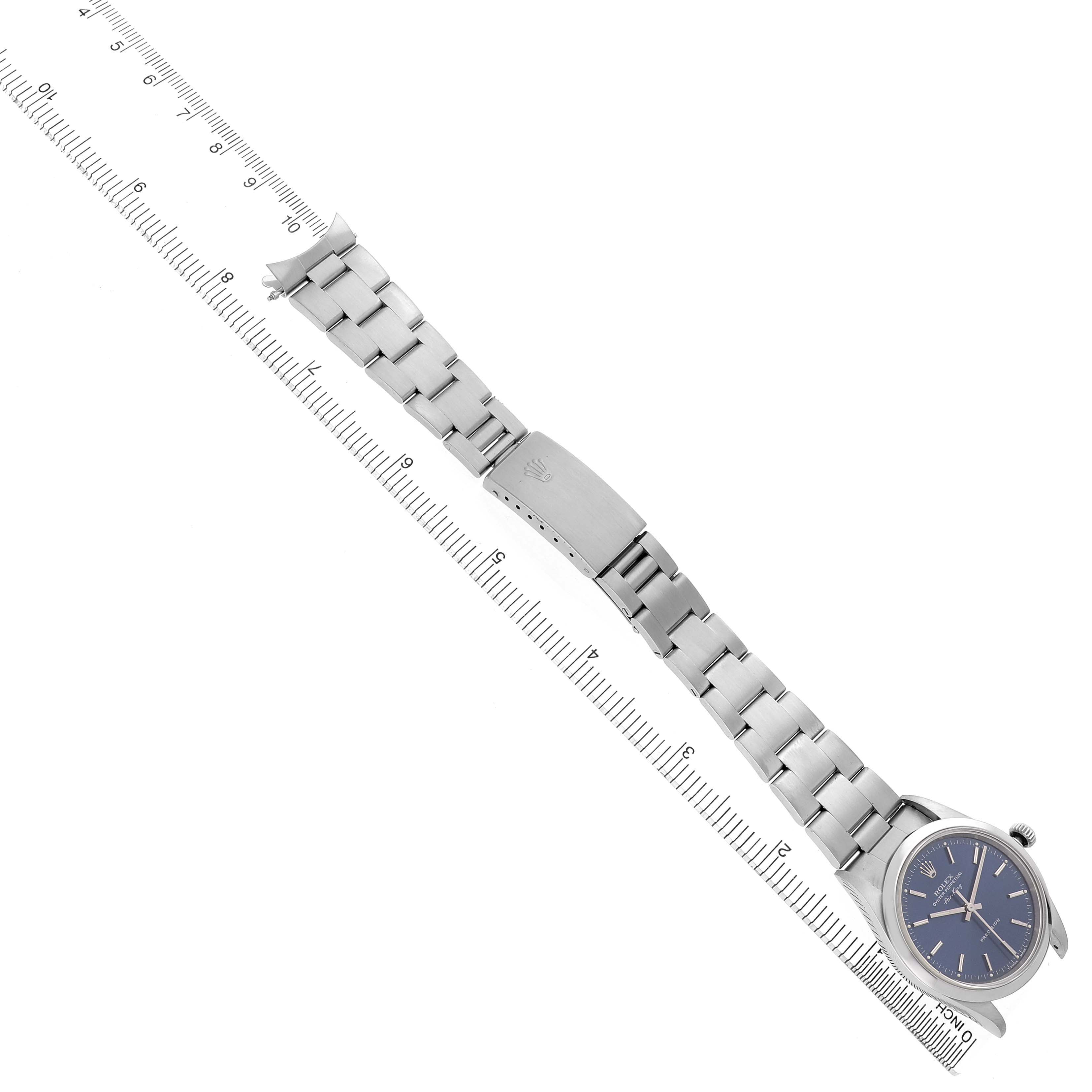 The Rolex Air-King 14000 Men's Stainless Steel Blue Dial watch is shown from the top view, displaying the dial, bracelet, and clasp.
