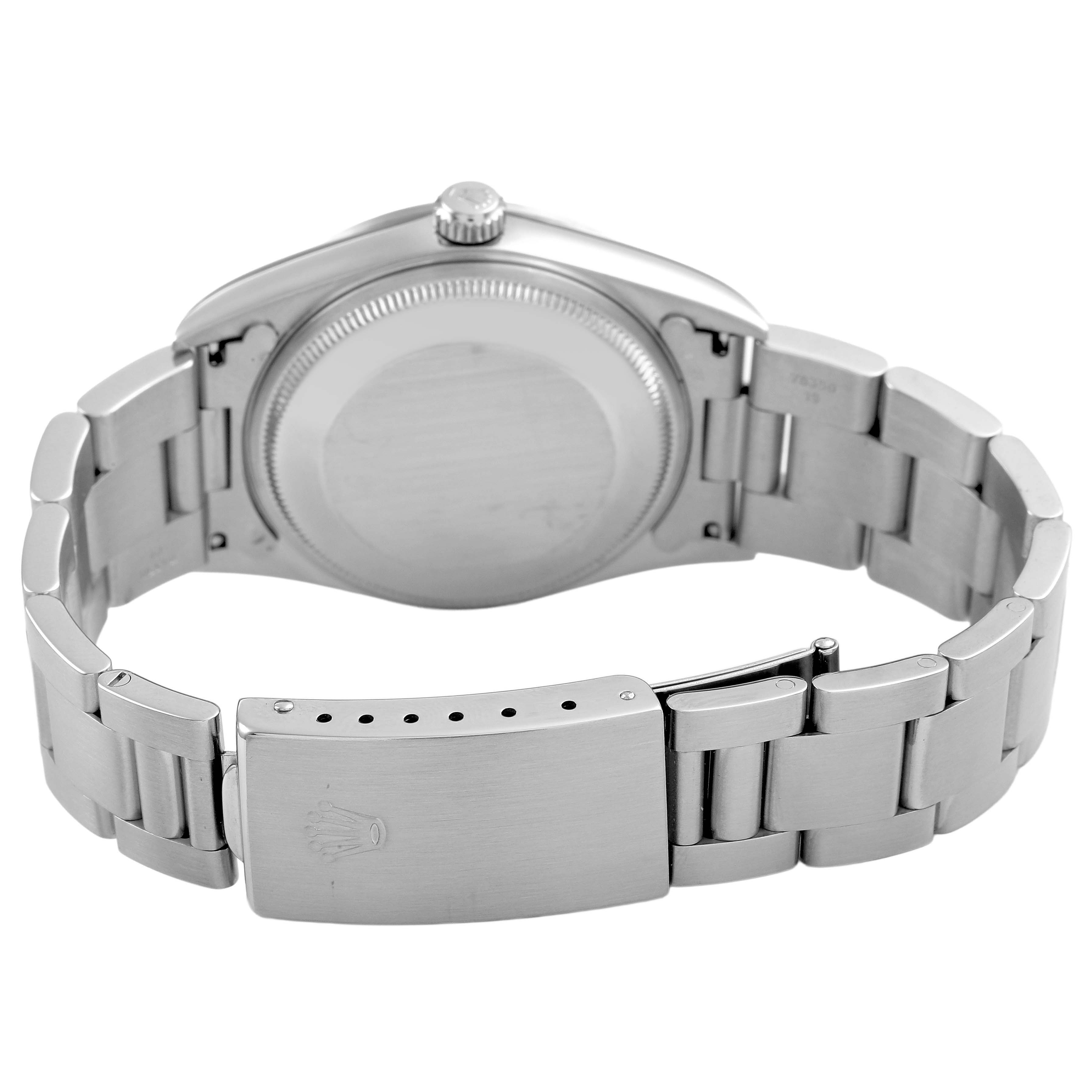 The image shows the back view of a Rolex Air-King 14000 Men's Stainless Steel Blue Dial watch, highlighting the bracelet and clasp.