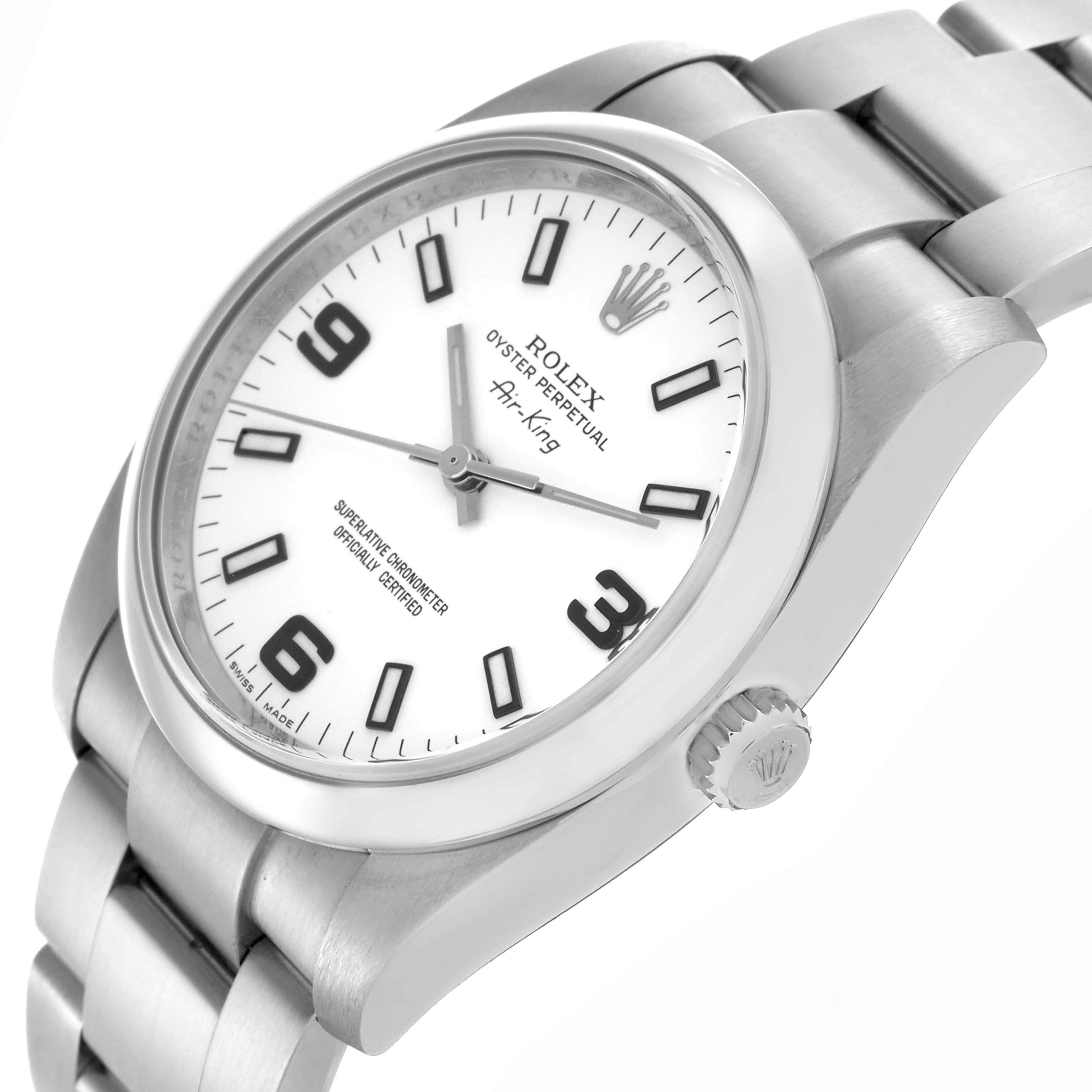 The image shows a Rolex Air-King 114200 Men's Stainless Steel White Dial 114200 Men's Stainless Steel White Dial watch at an oblique angle, highlighting the dial, bezel, crown, and bracelet.