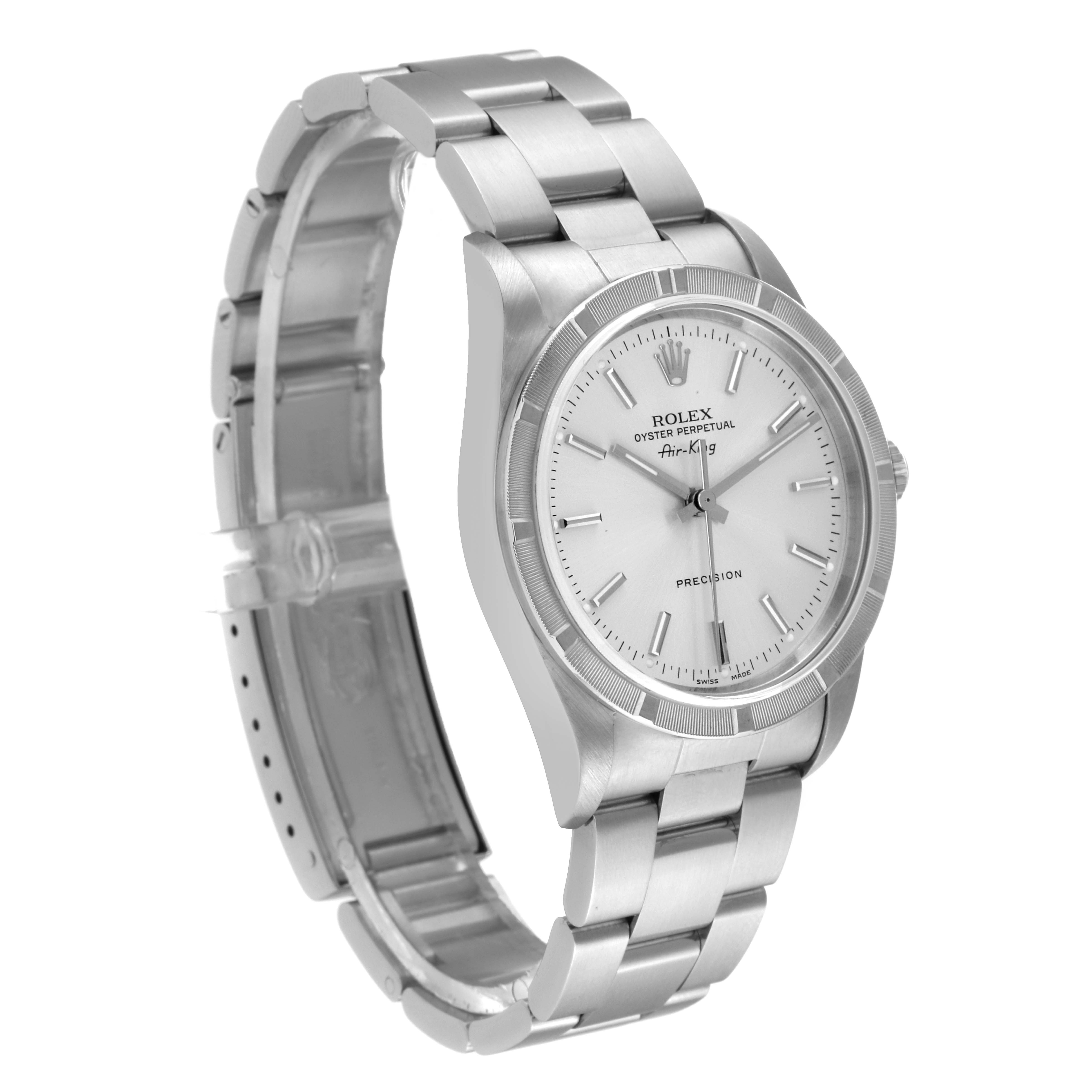 The Rolex Air-King 14010M Men's Stainless Steel Silver Dial 14010M Men's Stainless Steel Silver Dial watch is shown at a three-quarter angle, highlighting the face, bezel, and stainless steel bracelet.