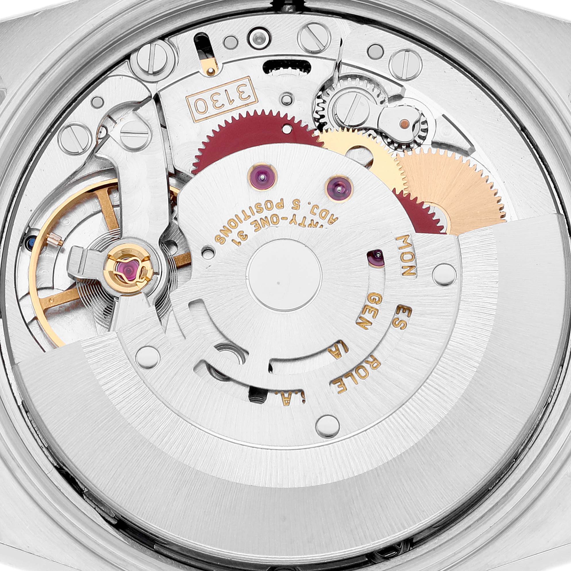 The image shows a close-up view of the Rolex Air-King 14010M Men's Stainless Steel Silver Dial 14010M Men's Stainless Steel Silver Dial watch movement, revealing gears and components.