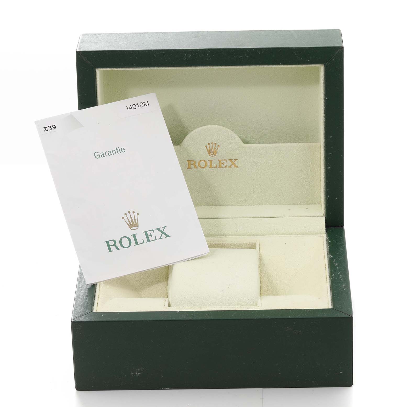 The image shows a Rolex Air-King 14010M Men's Stainless Steel Silver Dial 14010M Men's Stainless Steel Silver Dial watch box open with a warranty booklet inside.