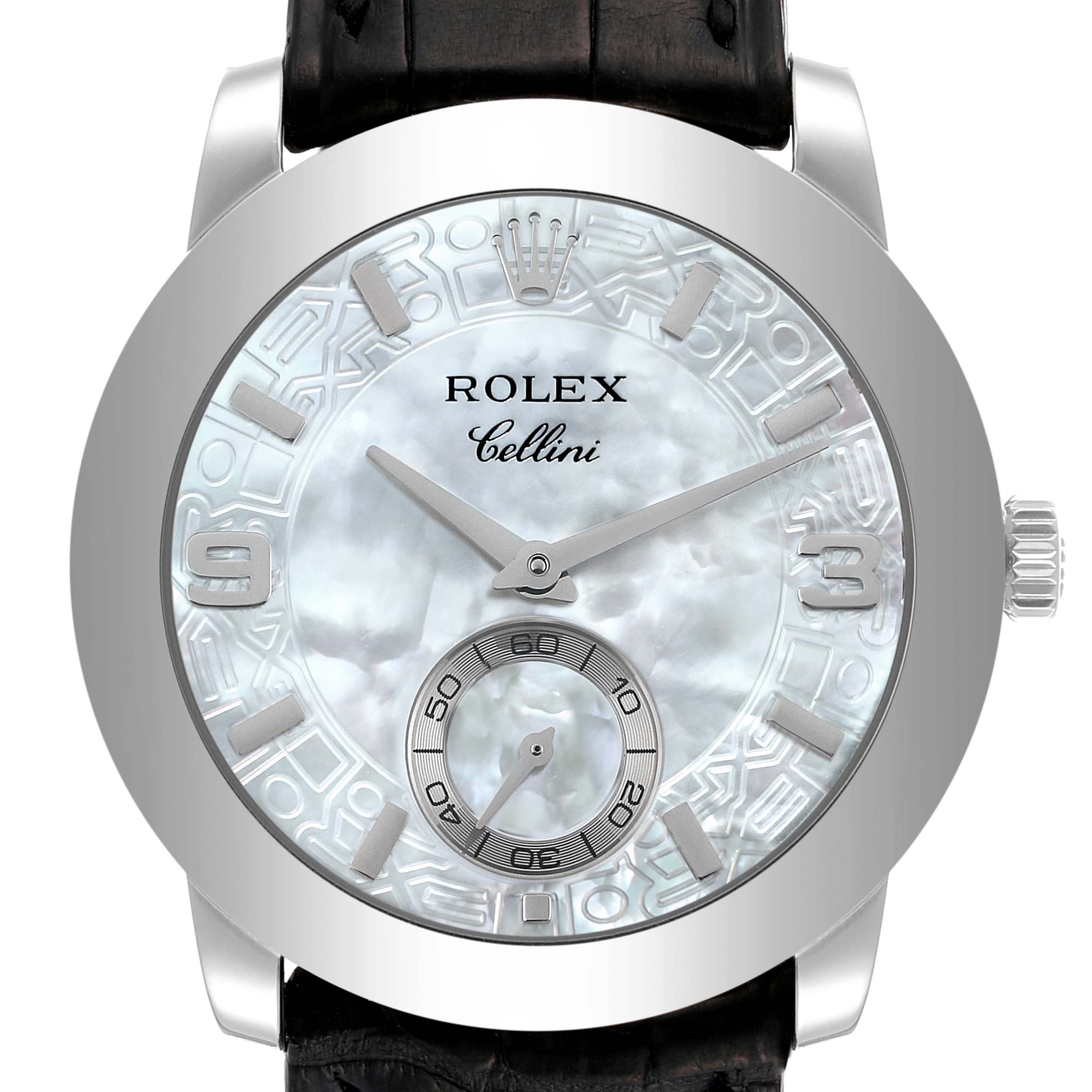 The image shows a frontal view of the Rolex Cellini 5240 Men's Platinum Mother of Pearl Dial 5240 Men's Platinum Mother of Pearl Dial watch, highlighting its dial, hands, crown, and strap.