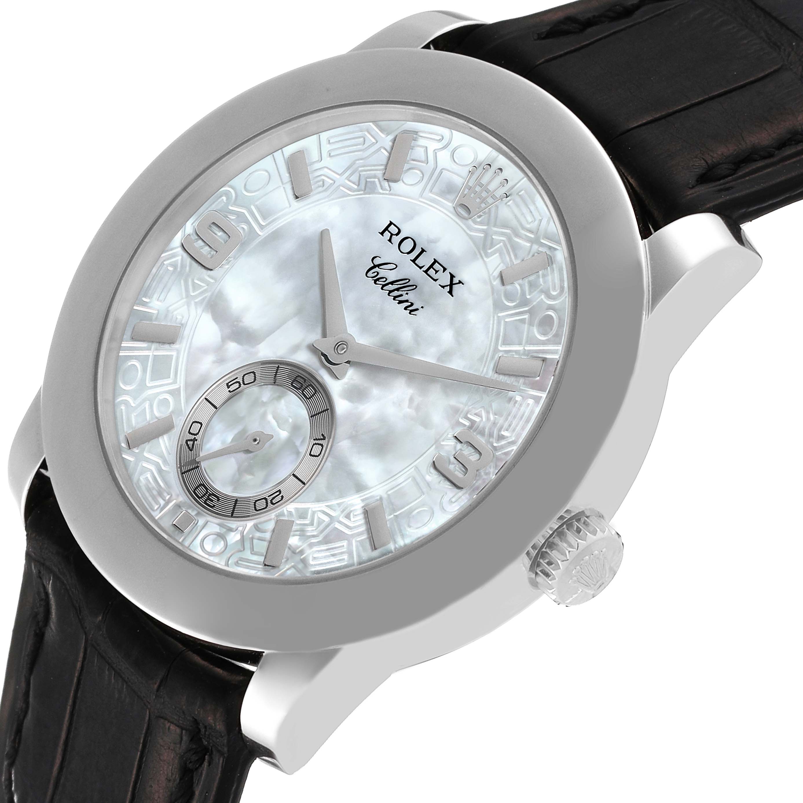 The image shows a Rolex Cellini 5240 Men's Platinum Mother of Pearl Dial 5240 Men's Platinum Mother of Pearl Dial model at a slight angle featuring the watch face, dial, crown, and part of the leather strap.
