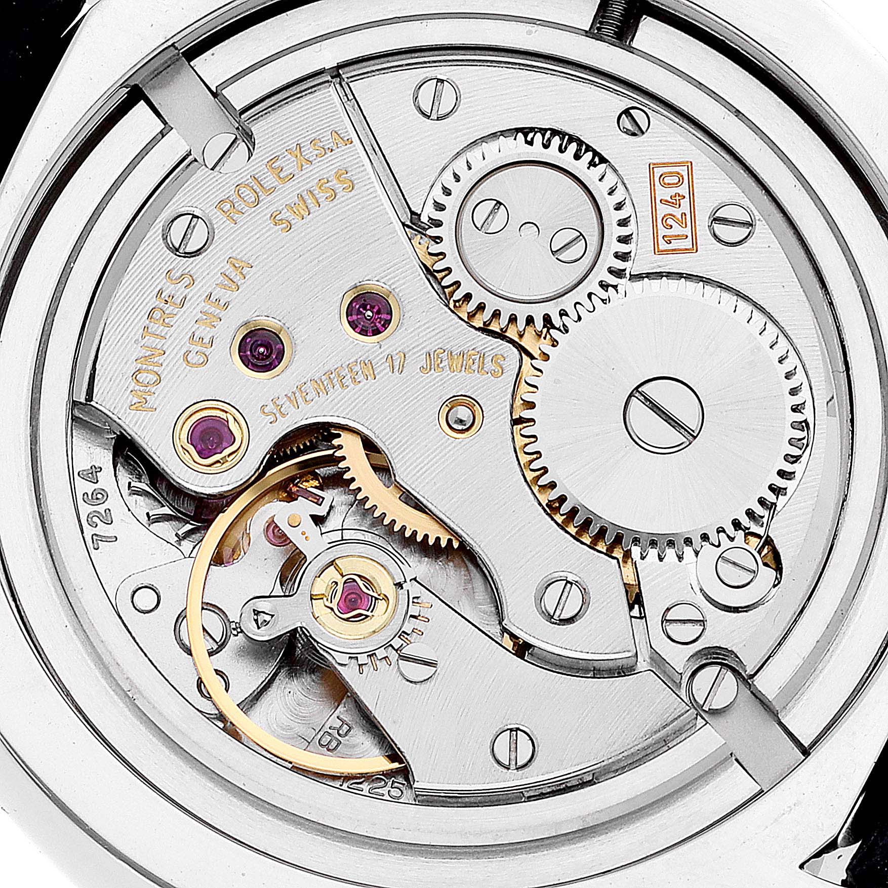 This image shows a detailed view of the movement and internal components of a Rolex Cellini 5240 Men's Platinum Mother of Pearl Dial 5240 Men's Platinum Mother of Pearl Dial watch from a back angle.