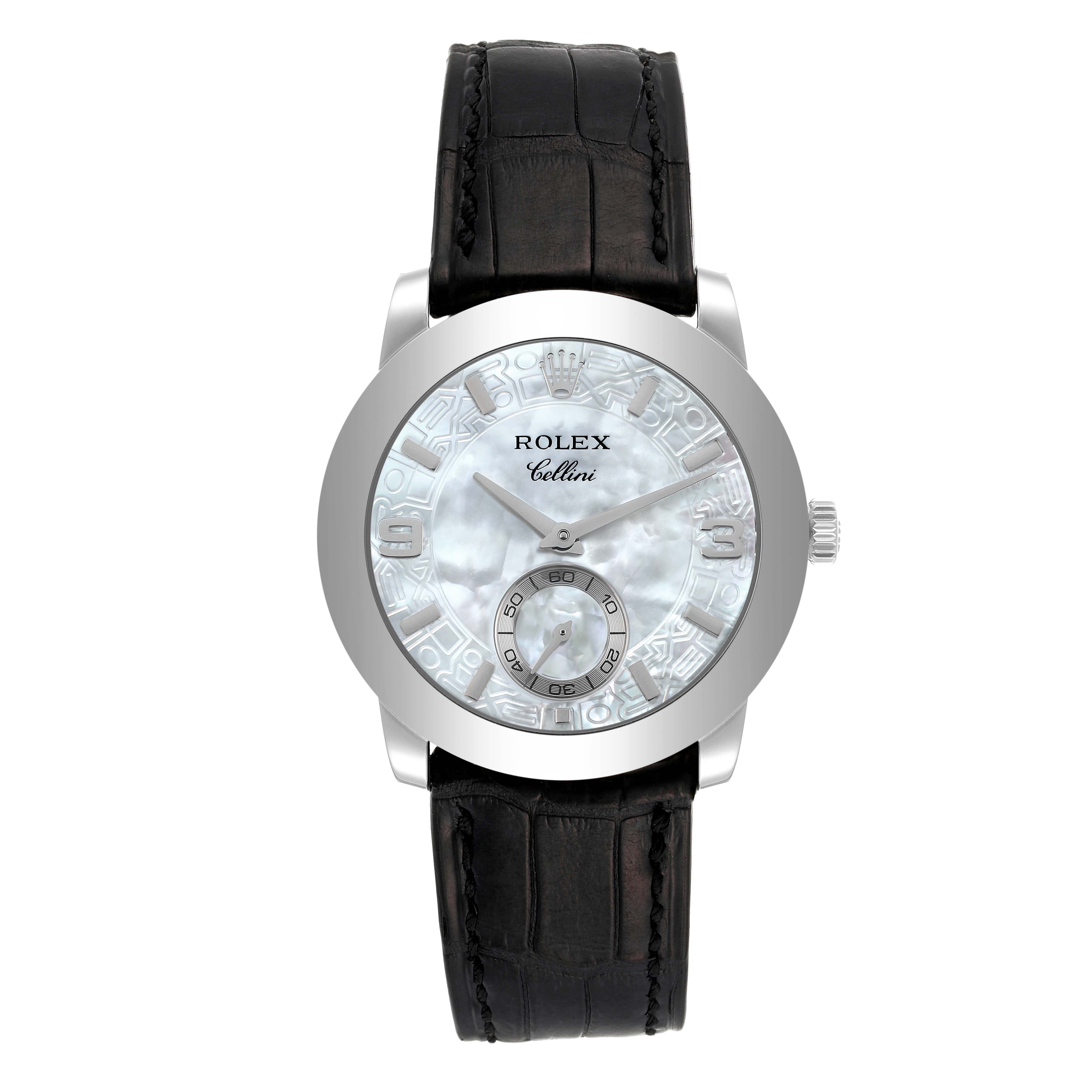 The Rolex Cellini 5240 Men's Platinum Mother of Pearl Dial 5240 Men's Platinum Mother of Pearl Dial watch is shown in a straight-on angle, displaying its face, case, dial, and leather strap.