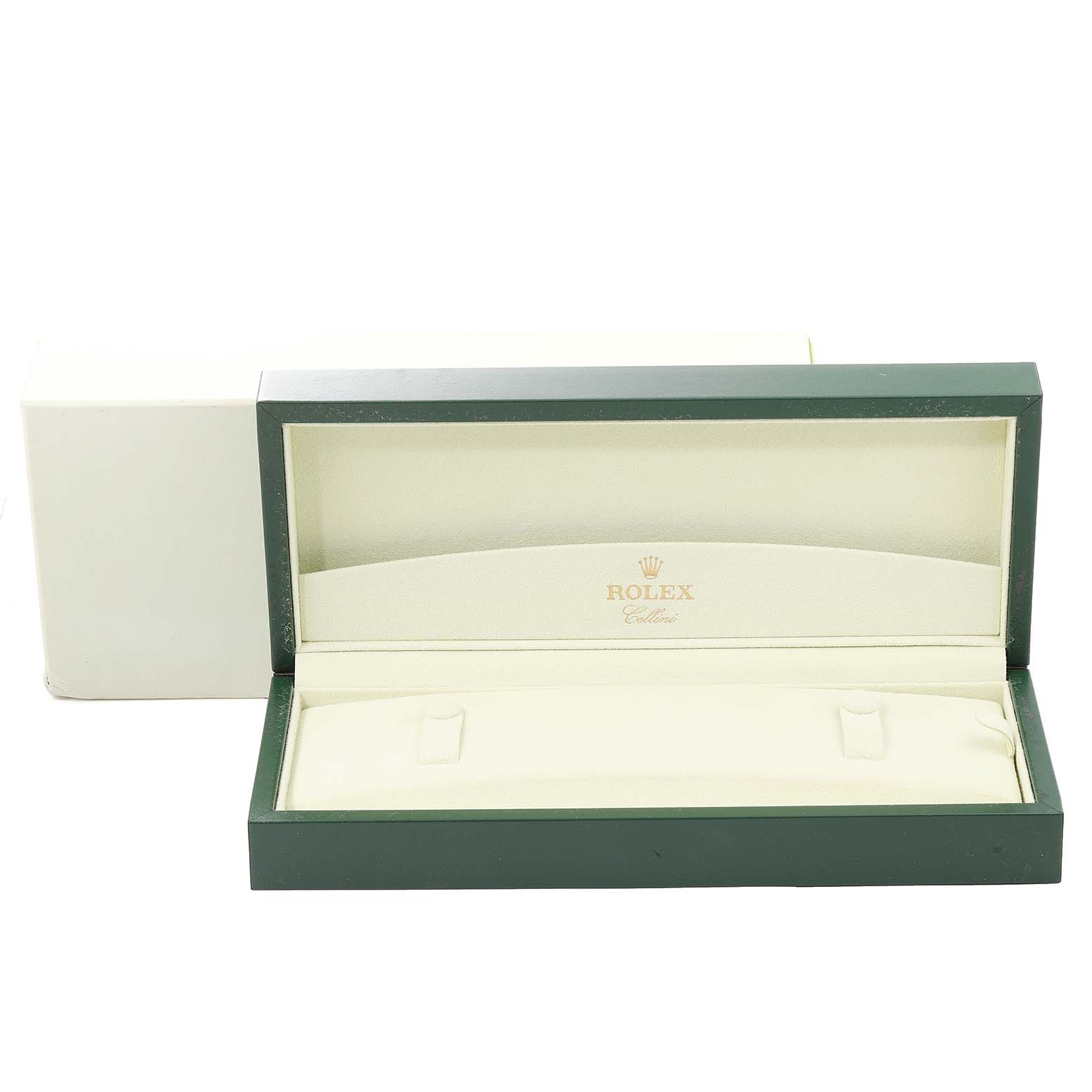 This image shows an open Rolex Cellini 5240 Men's Platinum Mother of Pearl Dial 5240 Men's Platinum Mother of Pearl Dial watch box from a front angle, displaying the inner lining and branding.