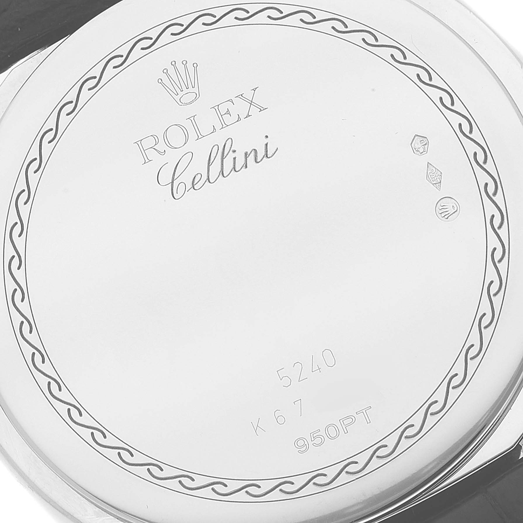 The image shows the back case of a Rolex Cellini 5240 Men's Platinum Mother of Pearl Dial 5240 Men's Platinum Mother of Pearl Dial watch from a slightly angled, close-up view.