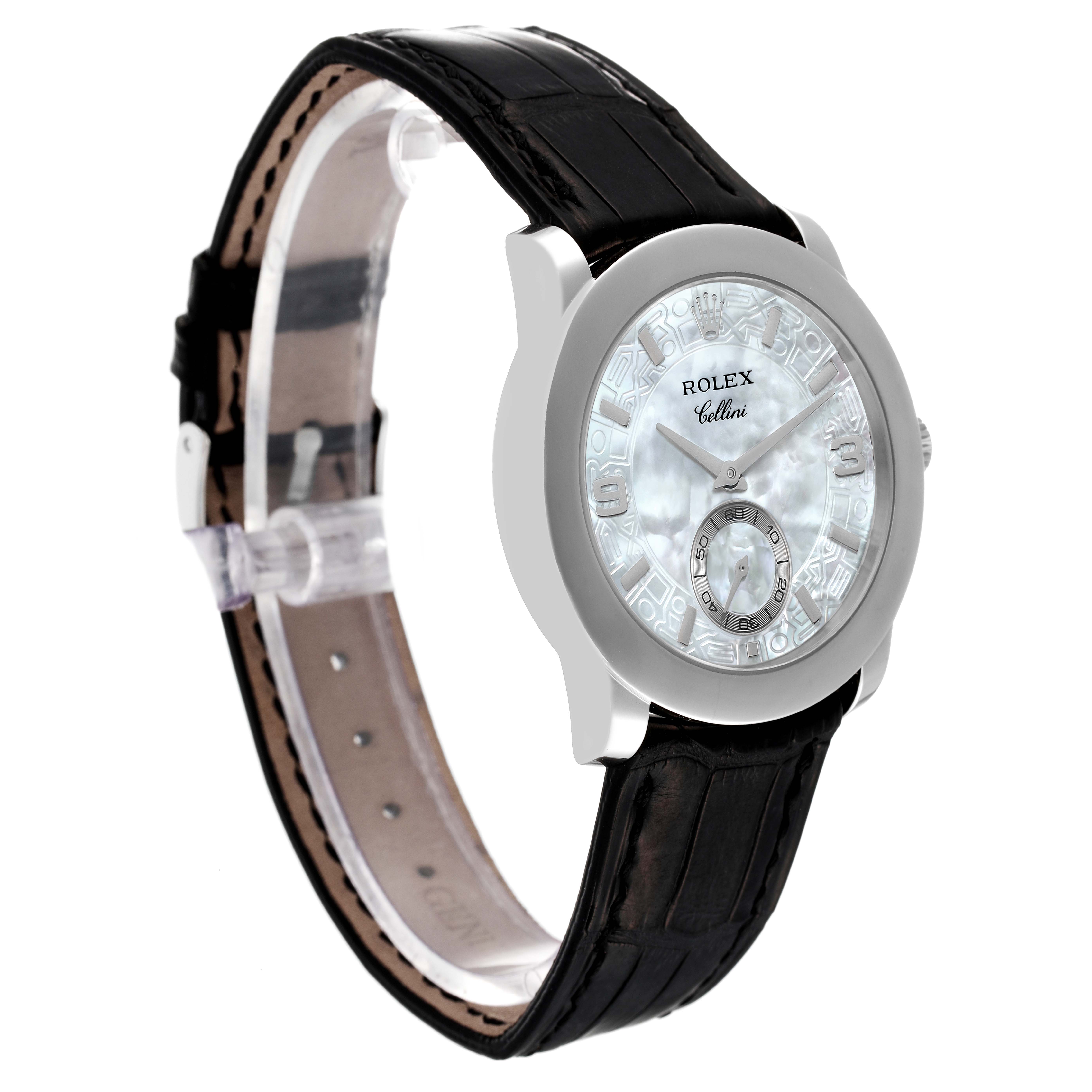 The Rolex Cellini 5240 Men's Platinum Mother of Pearl Dial 5240 Men's Platinum Mother of Pearl Dial watch is shown at an angle highlighting its face, bezel, and leather strap.