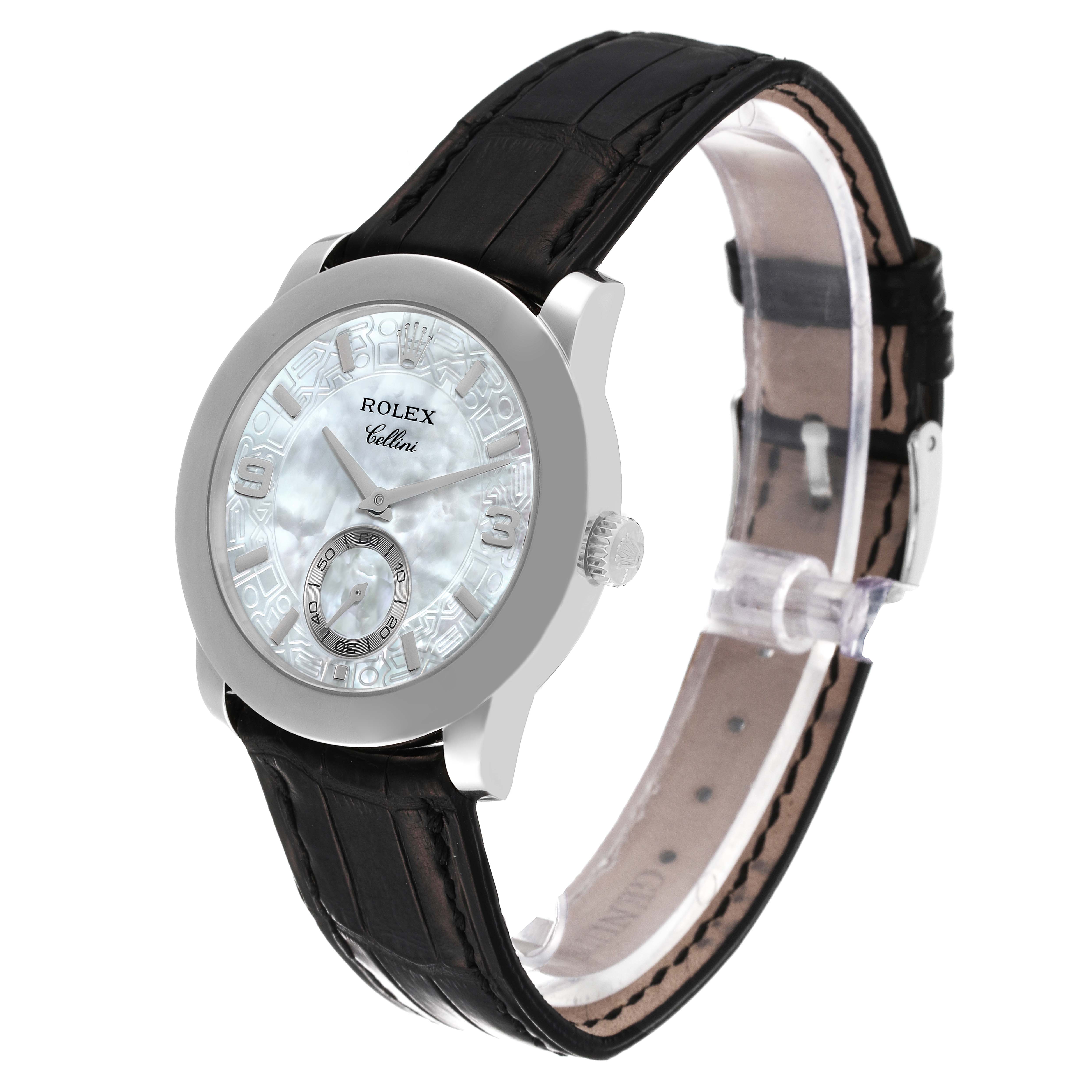 The watch, a Rolex Cellini 5240 Men's Platinum Mother of Pearl Dial 5240 Men's Platinum Mother of Pearl Dial model, is shown at a slight angle, displaying its face, strap, crown, and part of the case.