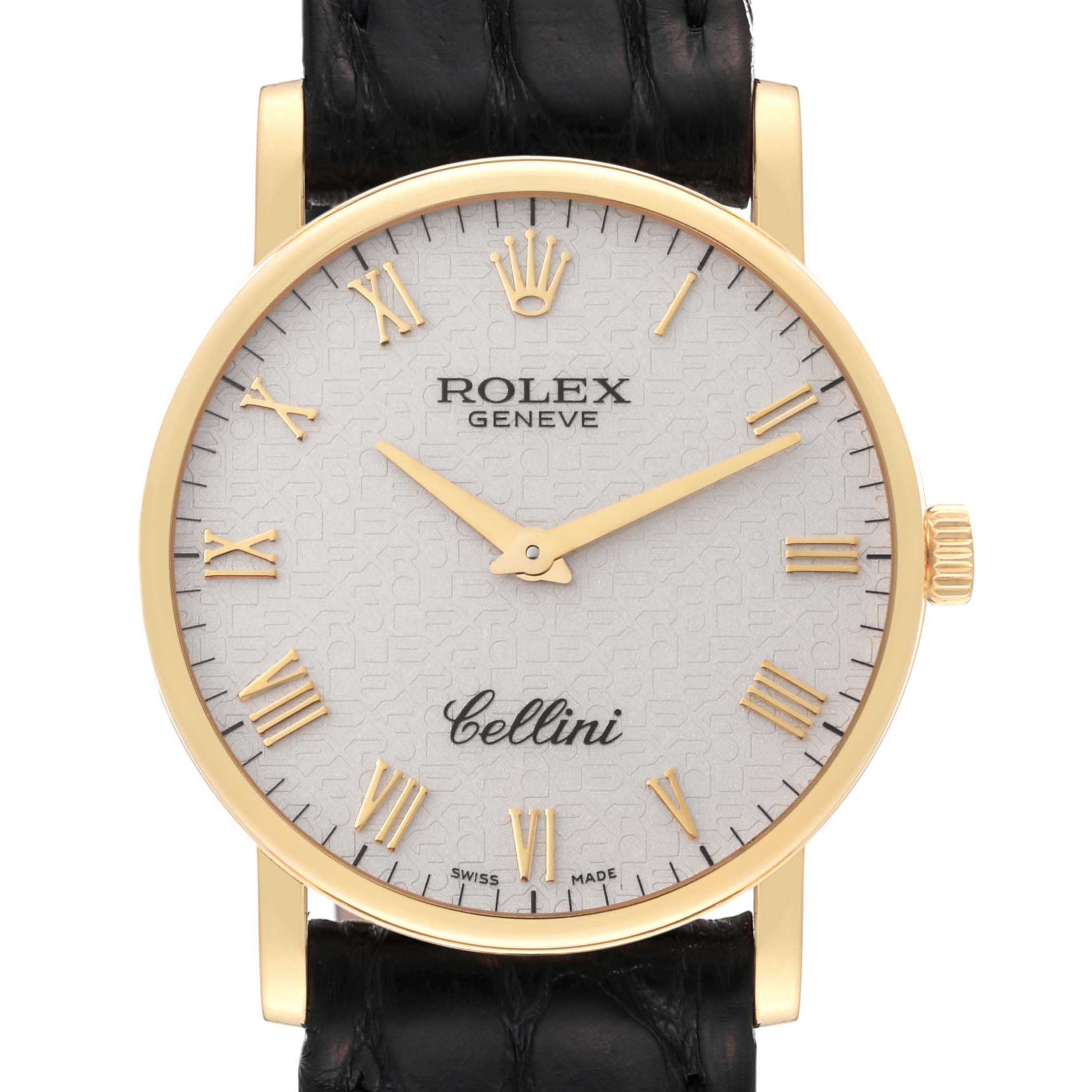 This image shows a front view of the Rolex Cellini 5115/8 Men's Yellow Gold Beige Dial 5115/8 Men's Yellow Gold Beige Dial watch face, including the watch hands, dial, and part of the leather strap.