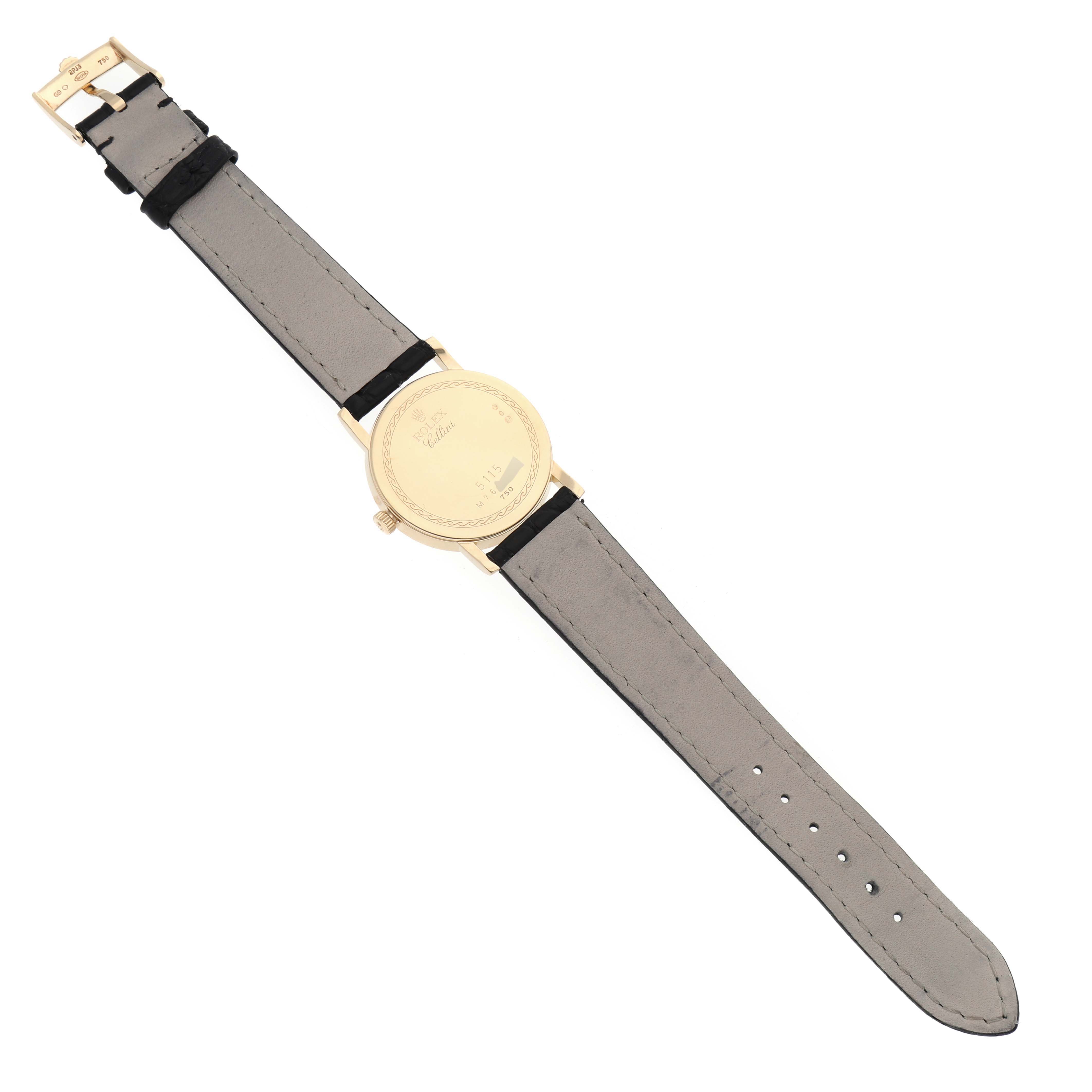 The image shows the back view of the Rolex Cellini 5115/8 Men's Yellow Gold Beige Dial 5115/8 Men's Yellow Gold Beige Dial watch, highlighting the strap and case back.