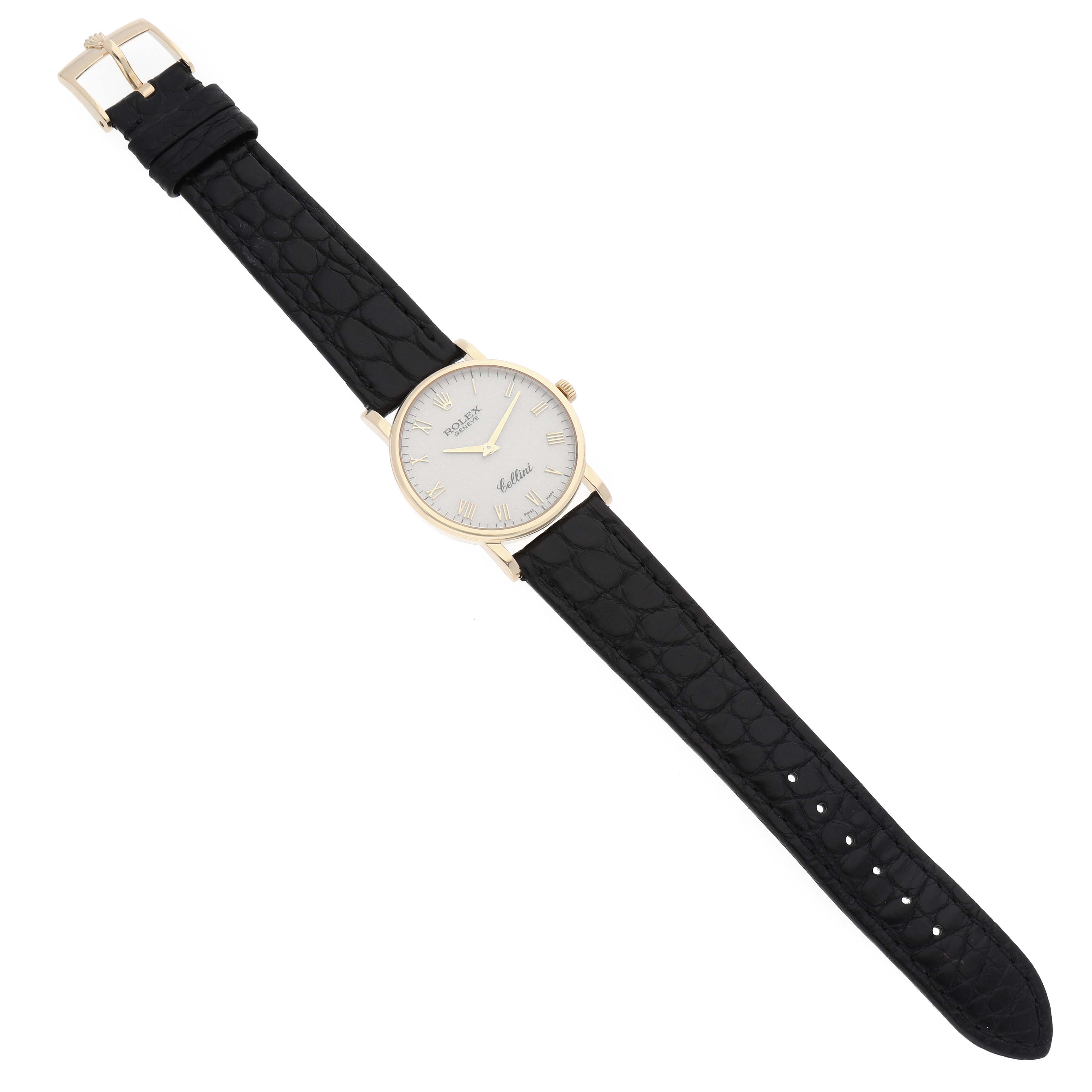 The Rolex Cellini 5115/8 Men's Yellow Gold Beige Dial 5115/8 Men's Yellow Gold Beige Dial watch is shown from a top-down angle, displaying the face, hands, and black leather strap.