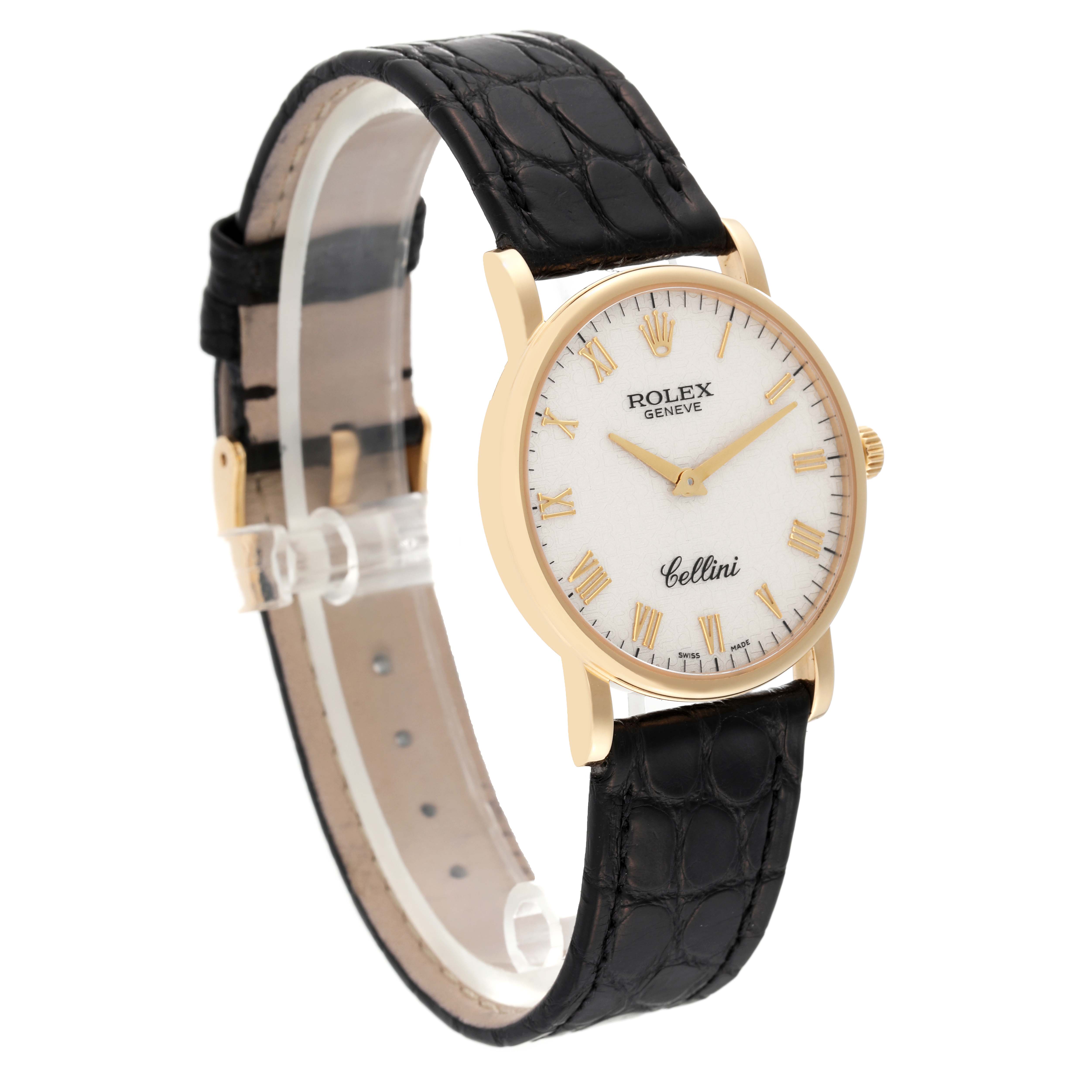 This Rolex Cellini 5115/8 Men's Yellow Gold Beige Dial 5115/8 Men's Yellow Gold Beige Dial watch is shown at a slight angle, highlighting the face, bezel, strap, and crown.