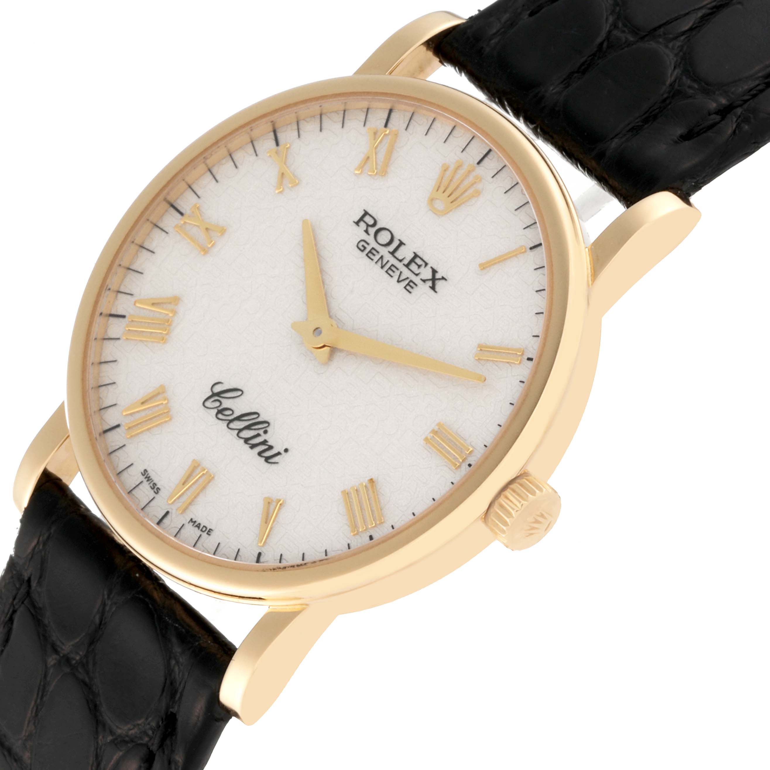 The image shows a Rolex Cellini 5115/8 Men's Yellow Gold Beige Dial 5115/8 Men's Yellow Gold Beige Dial watch at a slight angle, highlighting its face, gold case, crown, and part of the black leather strap.