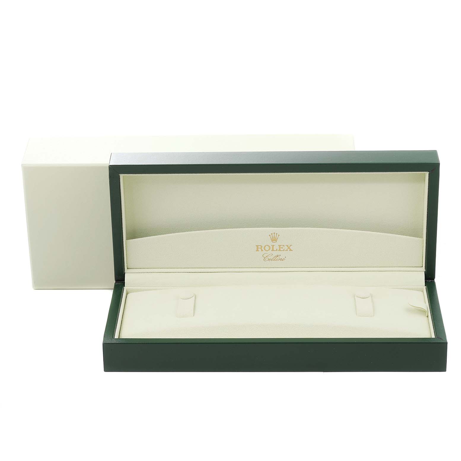 The image shows an open Rolex Cellini 50519 Men's White Gold Silver Dial 50519 Men's White Gold Silver Dial watch box with visible branding on the inside lid, viewed from the front angle.