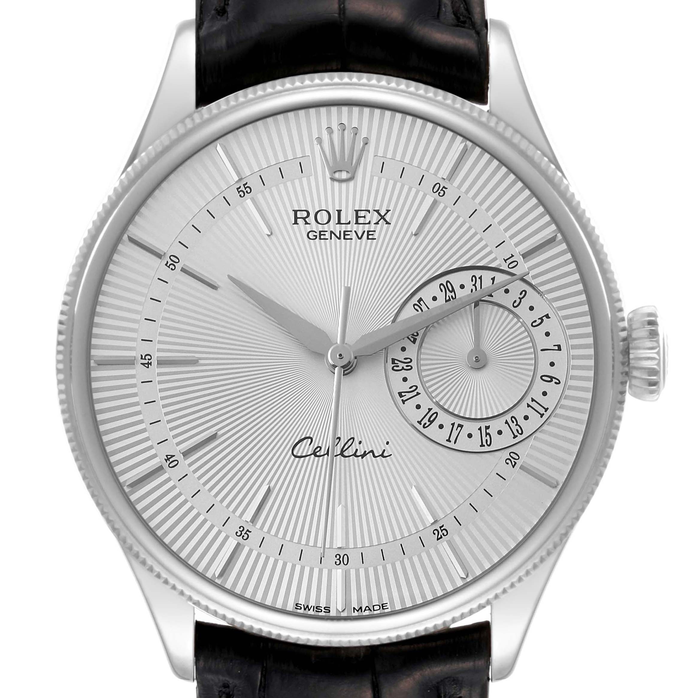 This is a close-up view of a Rolex Cellini 50519 Men's White Gold Silver Dial 50519 Men's White Gold Silver Dial watch, showing the face, dial, and part of the strap.