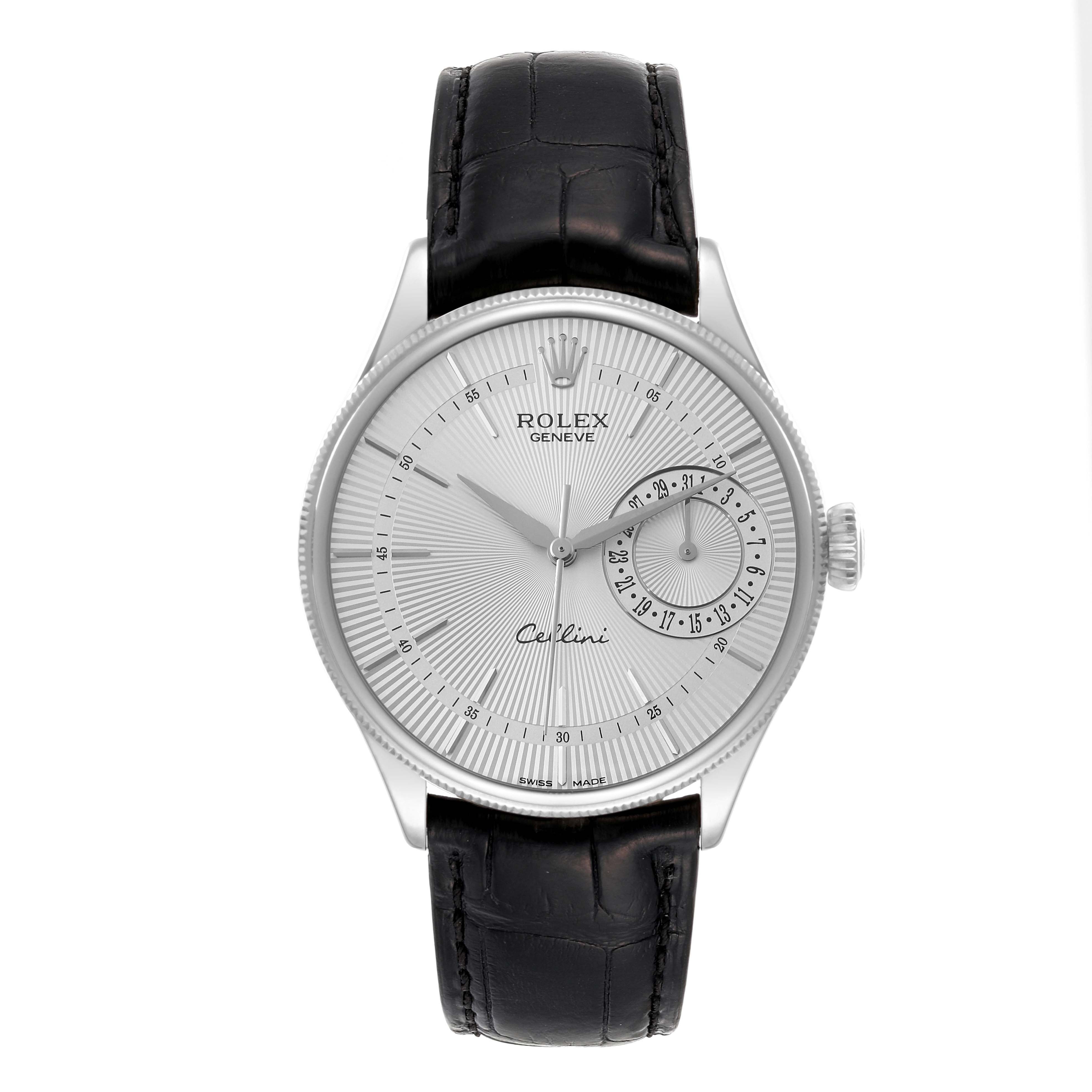 The image shows a Rolex Cellini 50519 Men's White Gold Silver Dial 50519 Men's White Gold Silver Dial watch from a front view, highlighting the dial, hour markers, hands, and leather strap.
