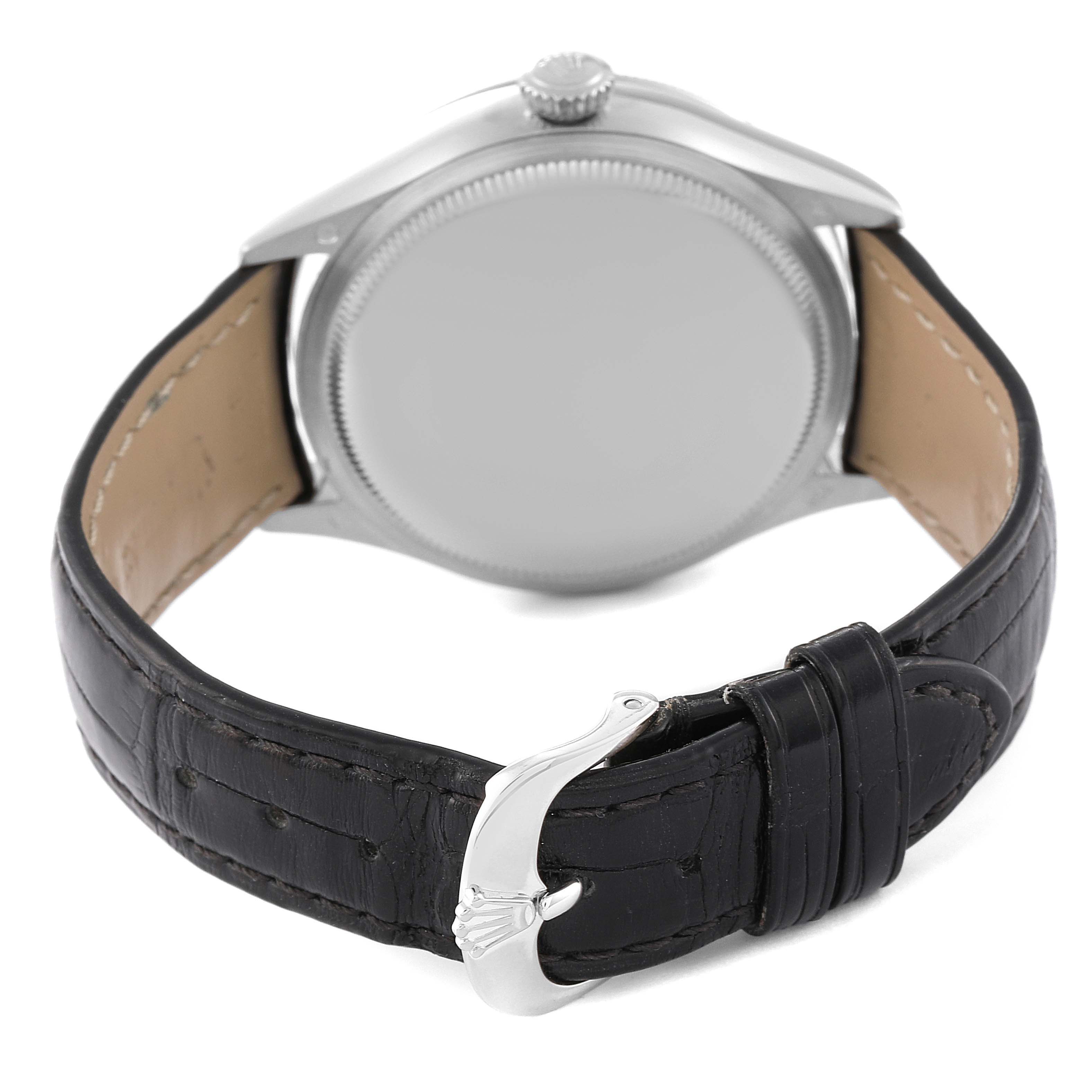 The image shows the back case and strap of a Rolex Cellini 50519 Men's White Gold Silver Dial 50519 Men's White Gold Silver Dial watch at an angled rear view.