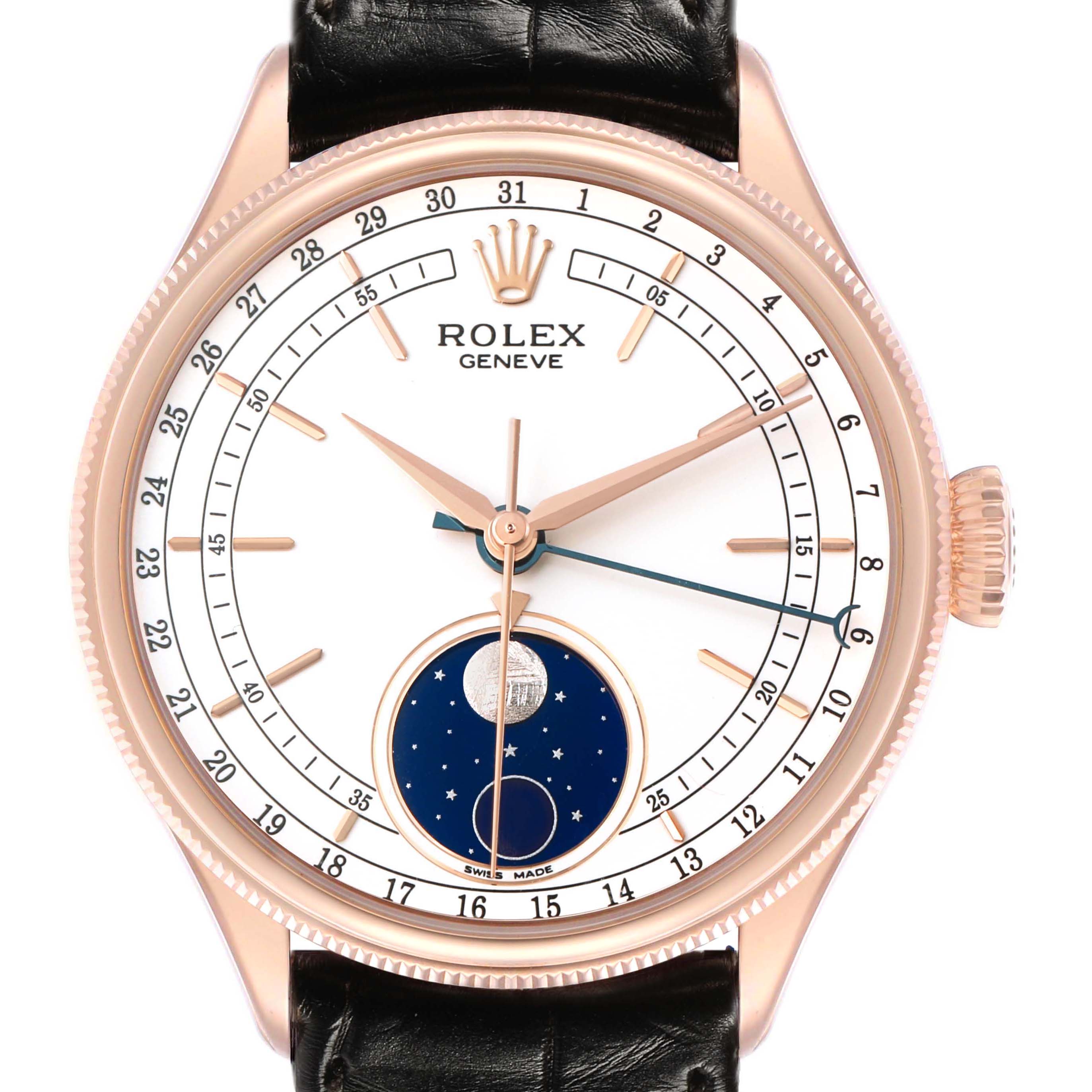The Rolex Cellini 50535 Men's Rose Gold White Dial watch is shown from a front angle, highlighting the dial, moon phase display, and part of the strap.