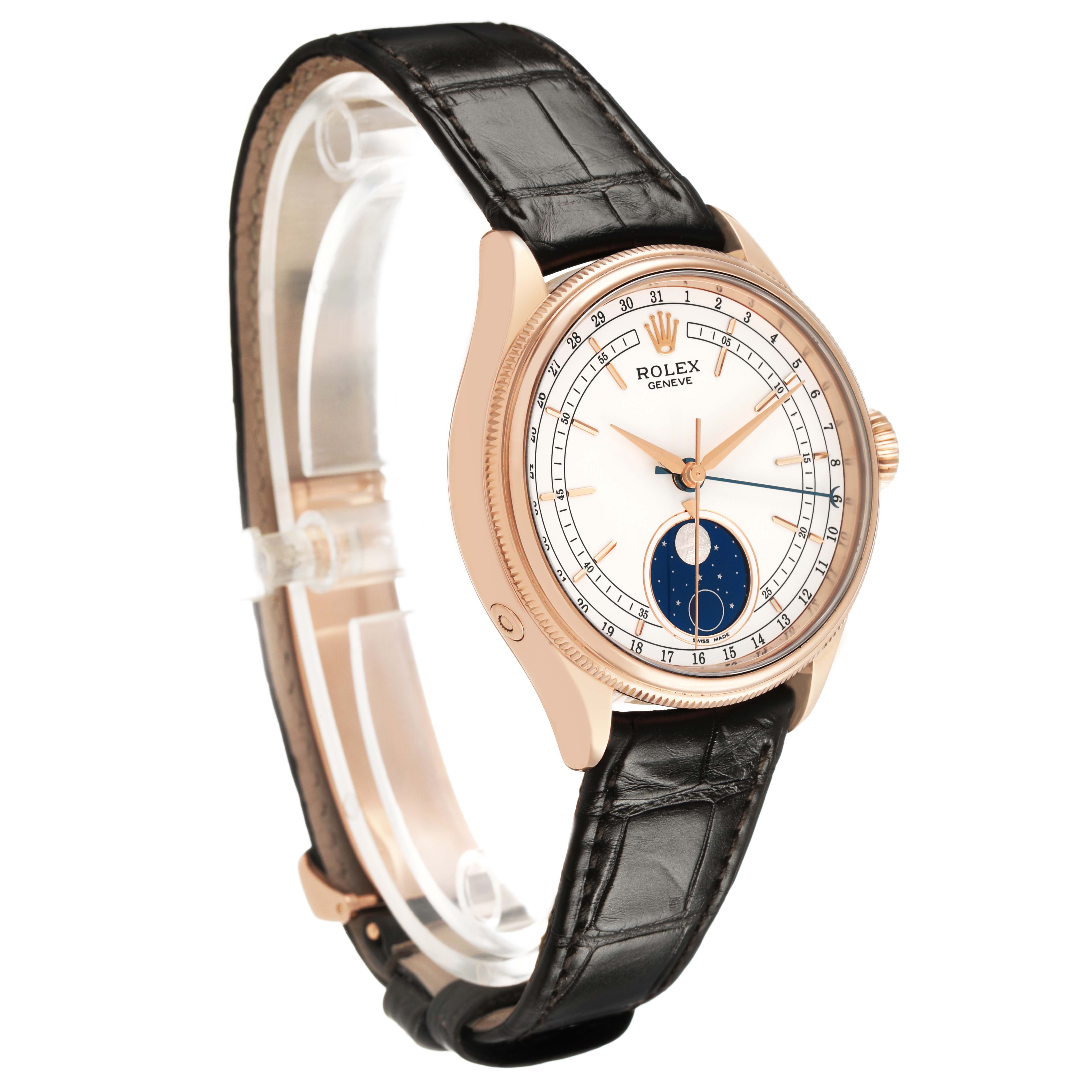 The Rolex Cellini 50535 Men's Rose Gold White Dial watch is shown at a three-quarter angle, highlighting its dial, black leather strap, and rose gold case.