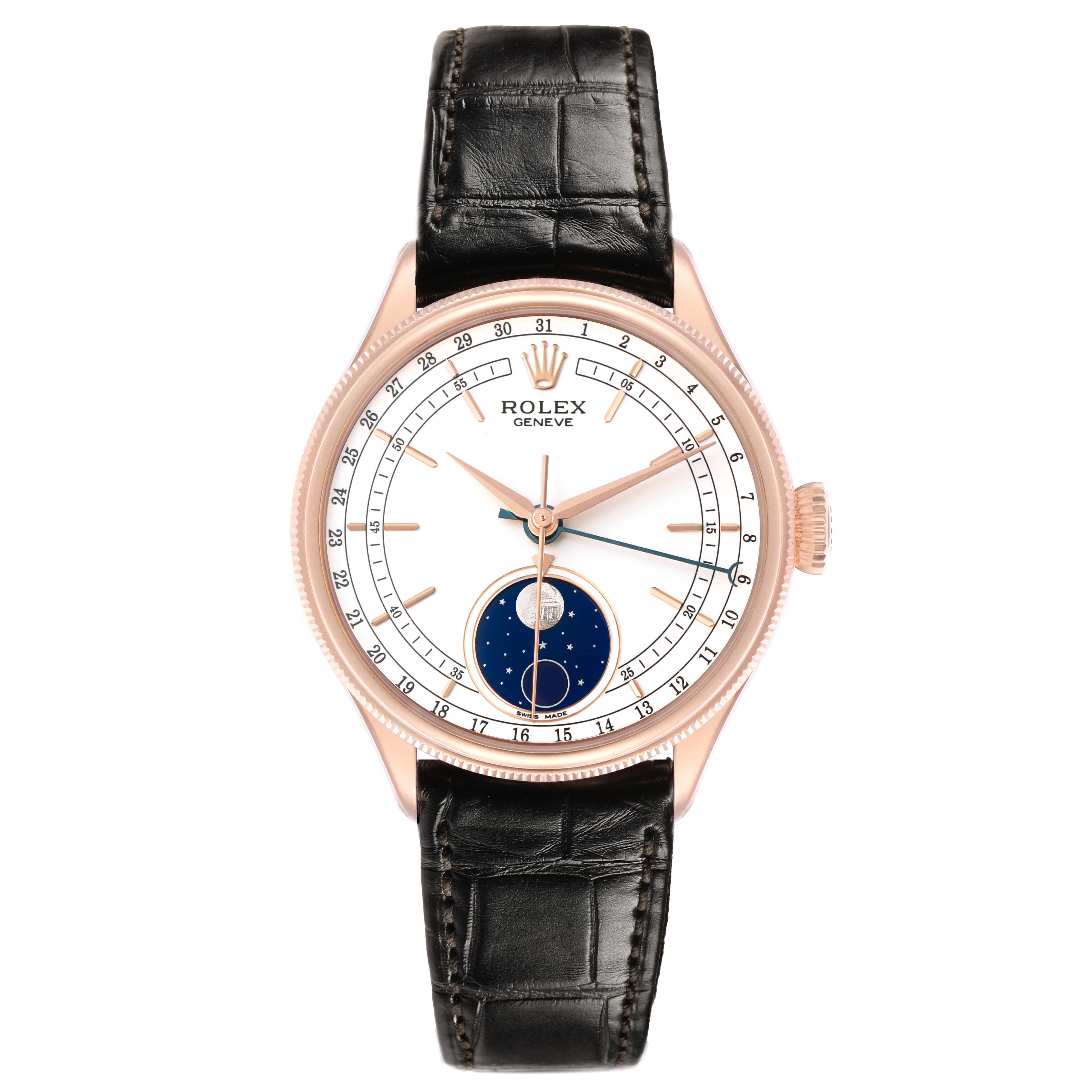 The Rolex Cellini 50535 Men's Rose Gold White Dial watch is shown from the front, featuring the dial, crown, and leather strap.