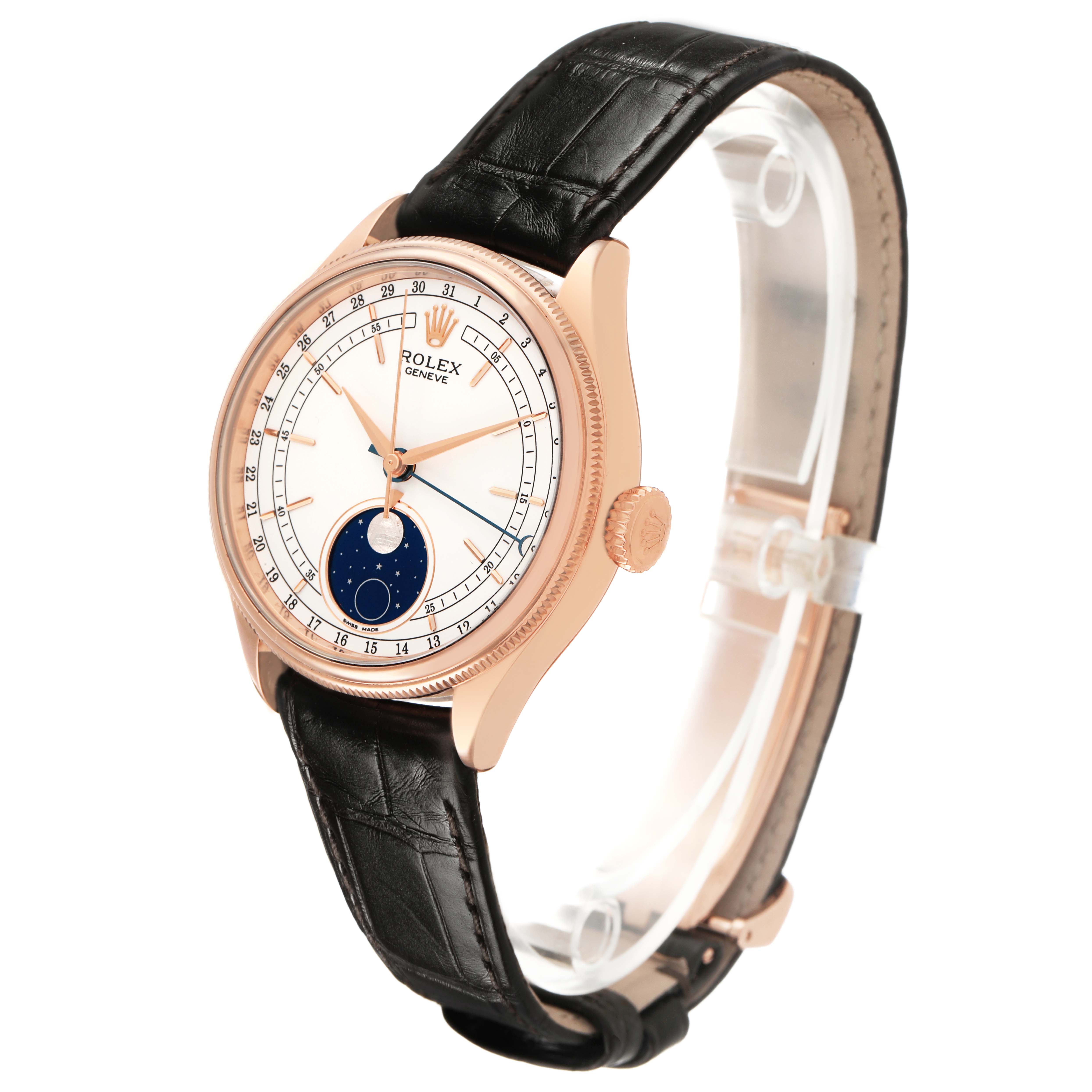 The Rolex Cellini 50535 Men's Rose Gold White Dial watch is shown at a three-quarter angle displaying the dial, case, and part of the leather strap.
