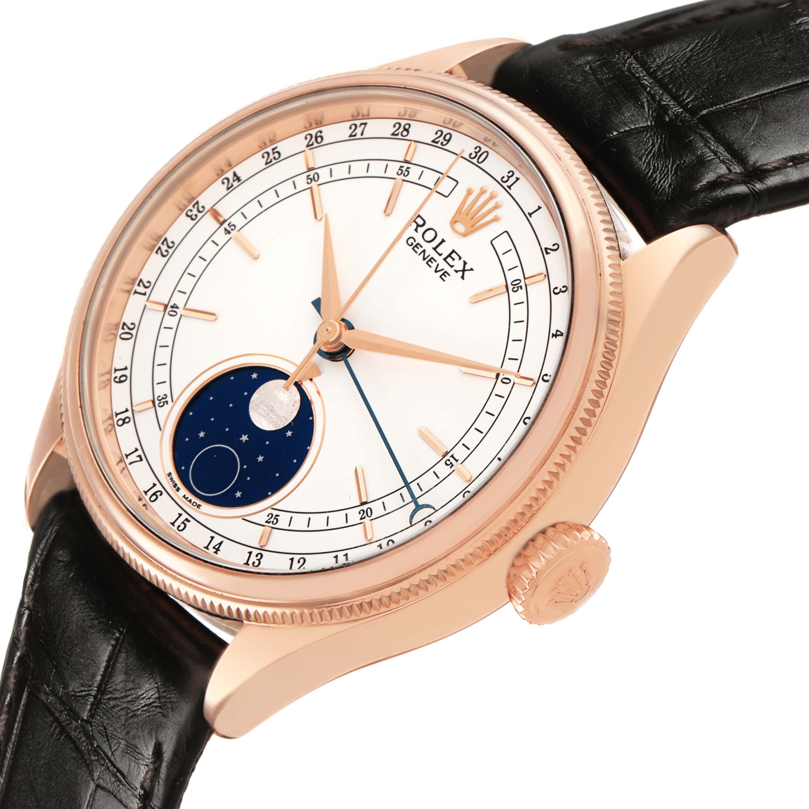 The Rolex Cellini 50535 Men's Rose Gold White Dial watch is shown from a front-angle, highlighting its face, bezel, crown, and leather strap.