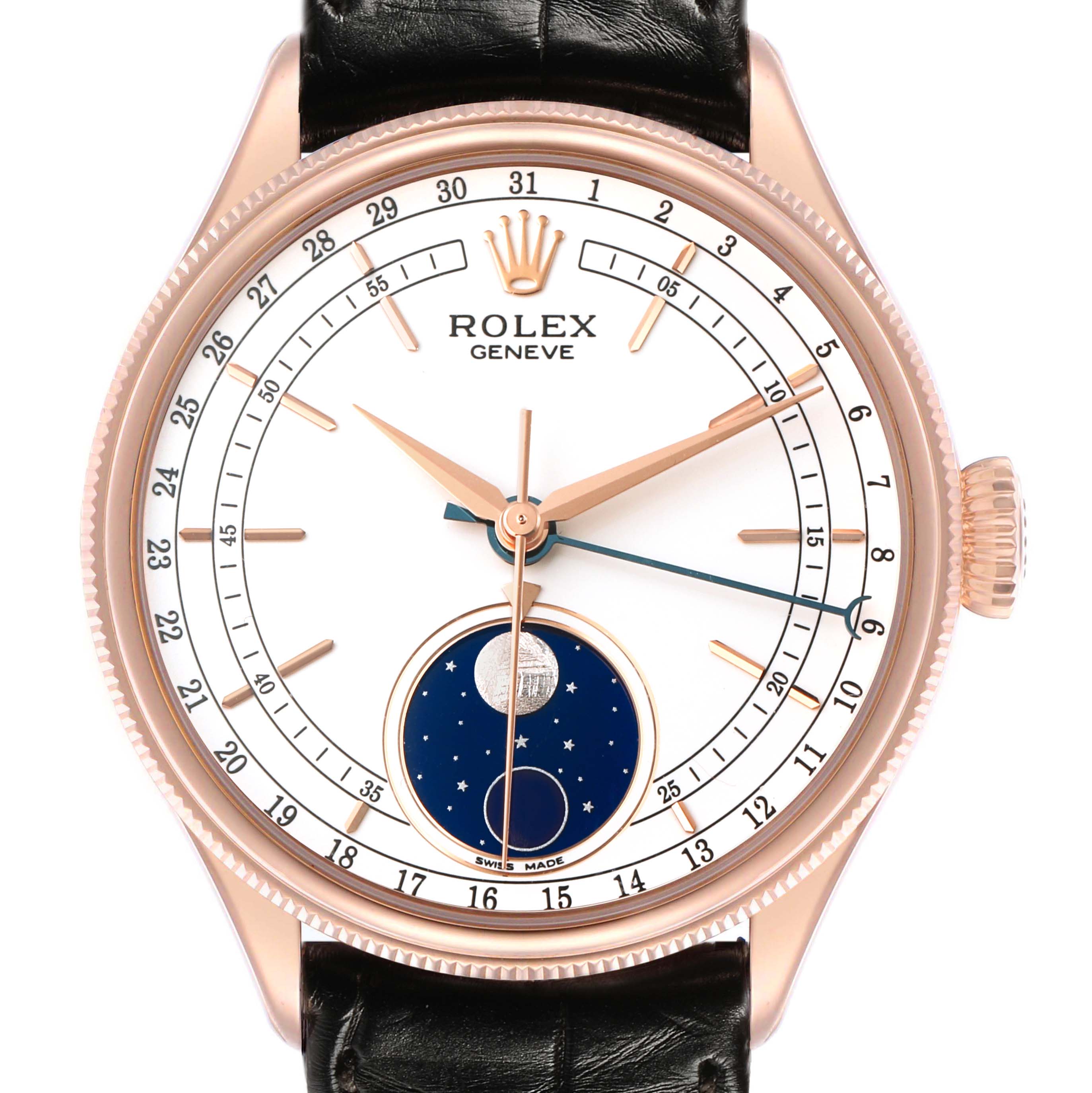 The Rolex Cellini 50535 Men's Rose Gold White Dial watch is shown from the front, highlighting its dial, hands, and moon phase indicator.
