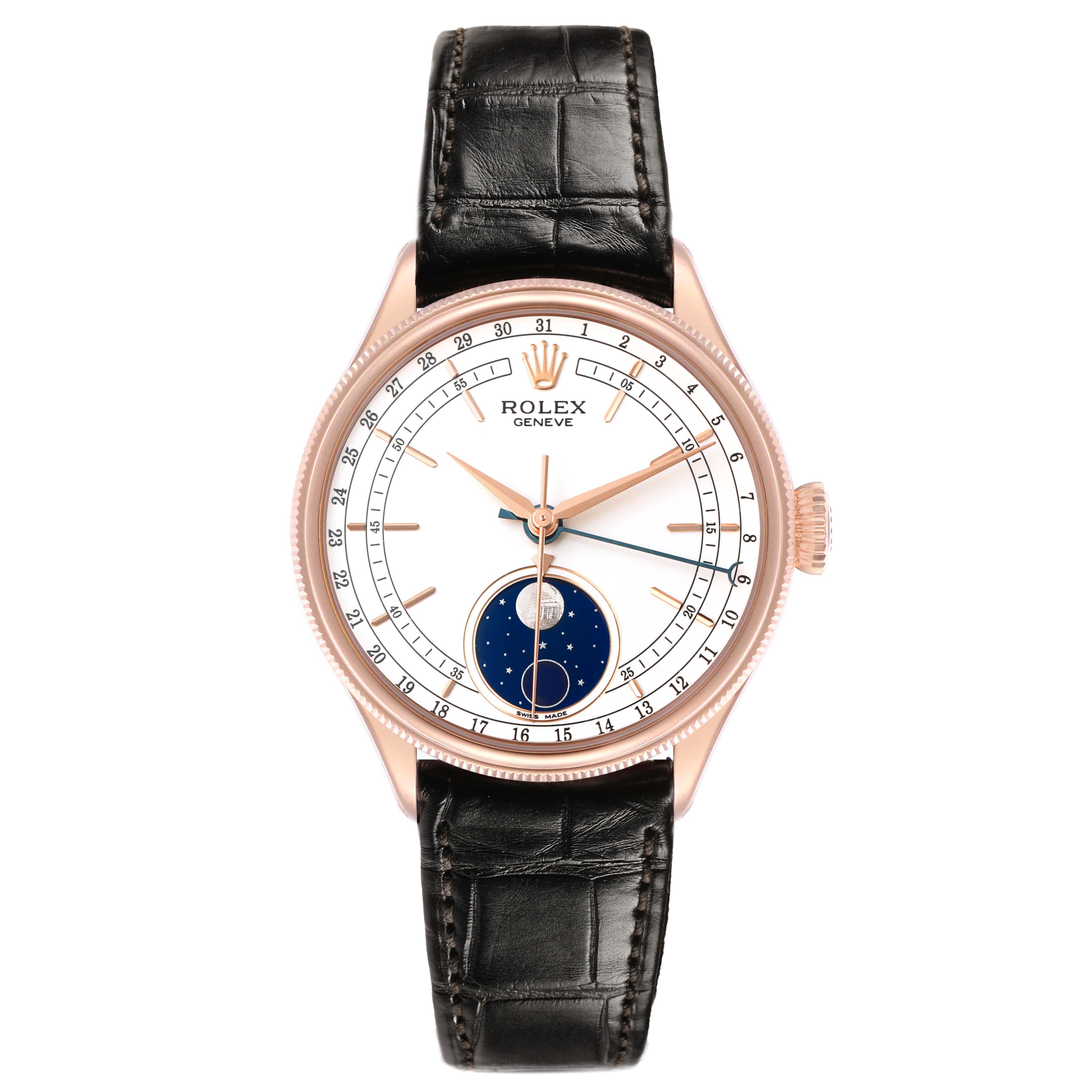 The Rolex Cellini 50535 Men's Rose Gold White Dial watch is shown from the front, highlighting its dial, hands, moonphase, and leather strap.