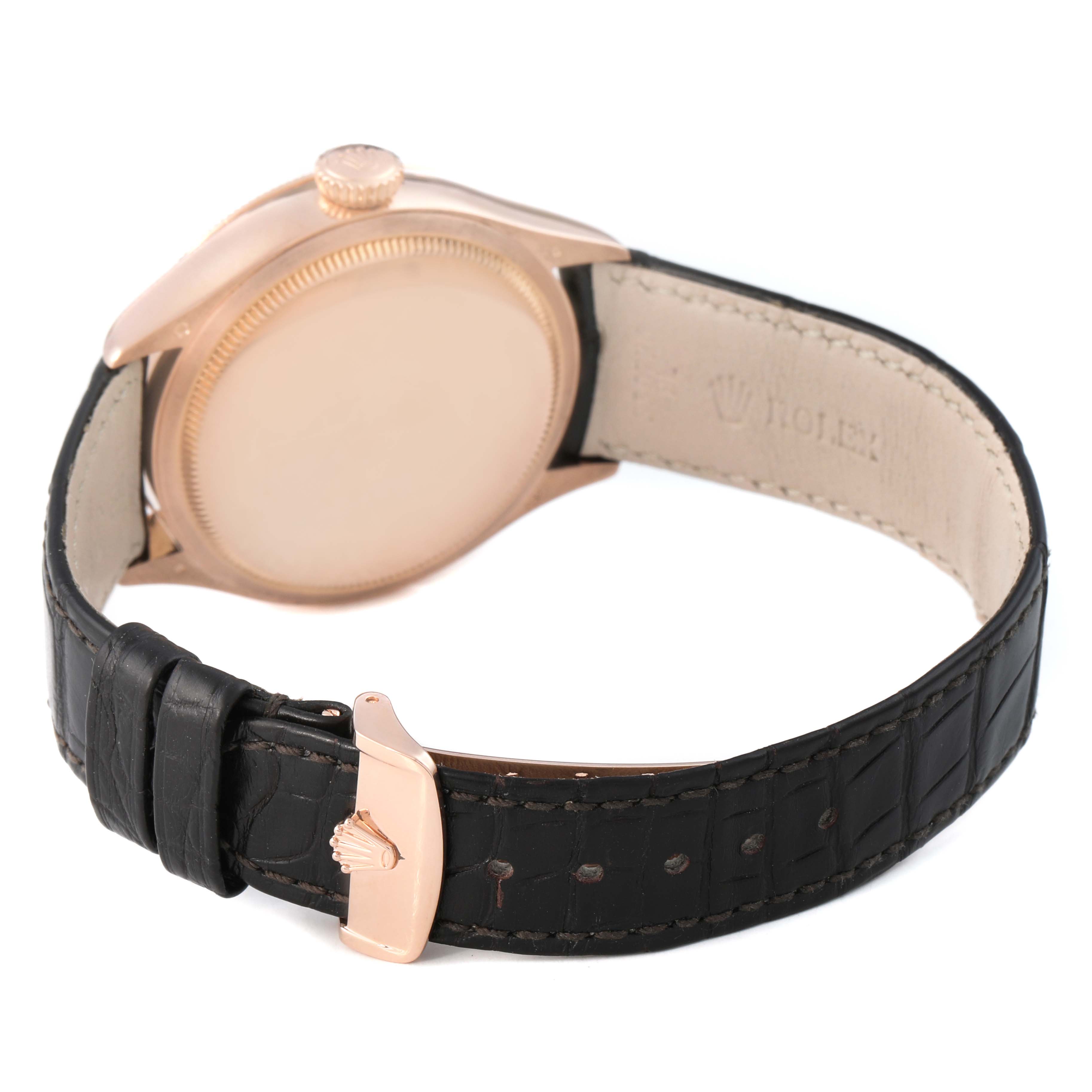 The Rolex Cellini 50535 Men's Rose Gold White Dial watch is shown from the rear, highlighting the case back, crown, leather strap, and buckle.