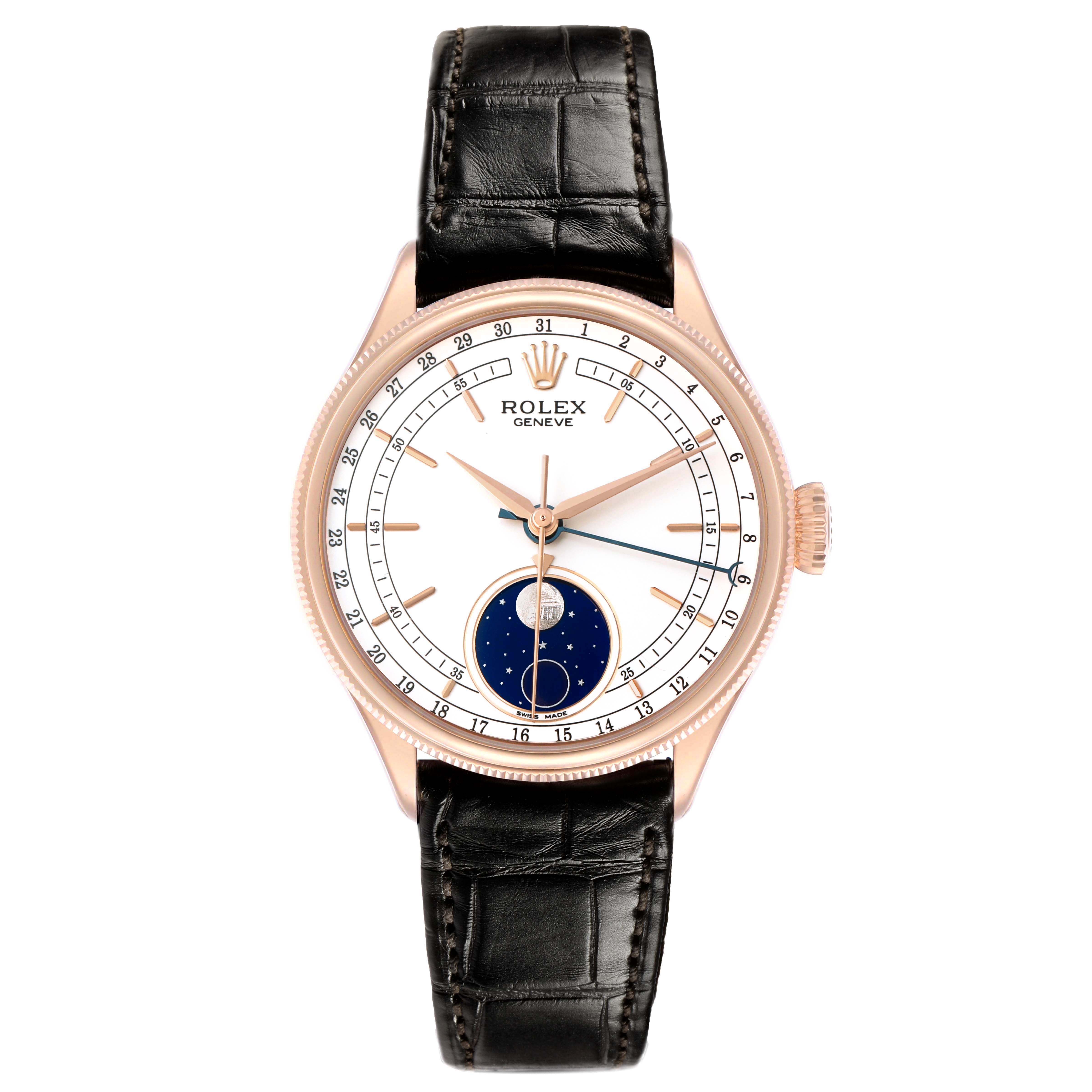 The Rolex Cellini 50535 Mens Rose Gold White Dial watch is shown from a top-down angle, highlighting its dial, hands, crown, and leather strap.