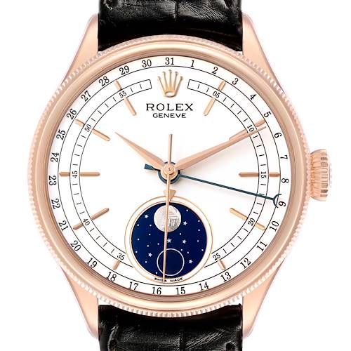 The Rolex Cellini 50535 Men's Rose Gold White Dial watch is shown from the front, featuring the face, crown, and a moonphase display.