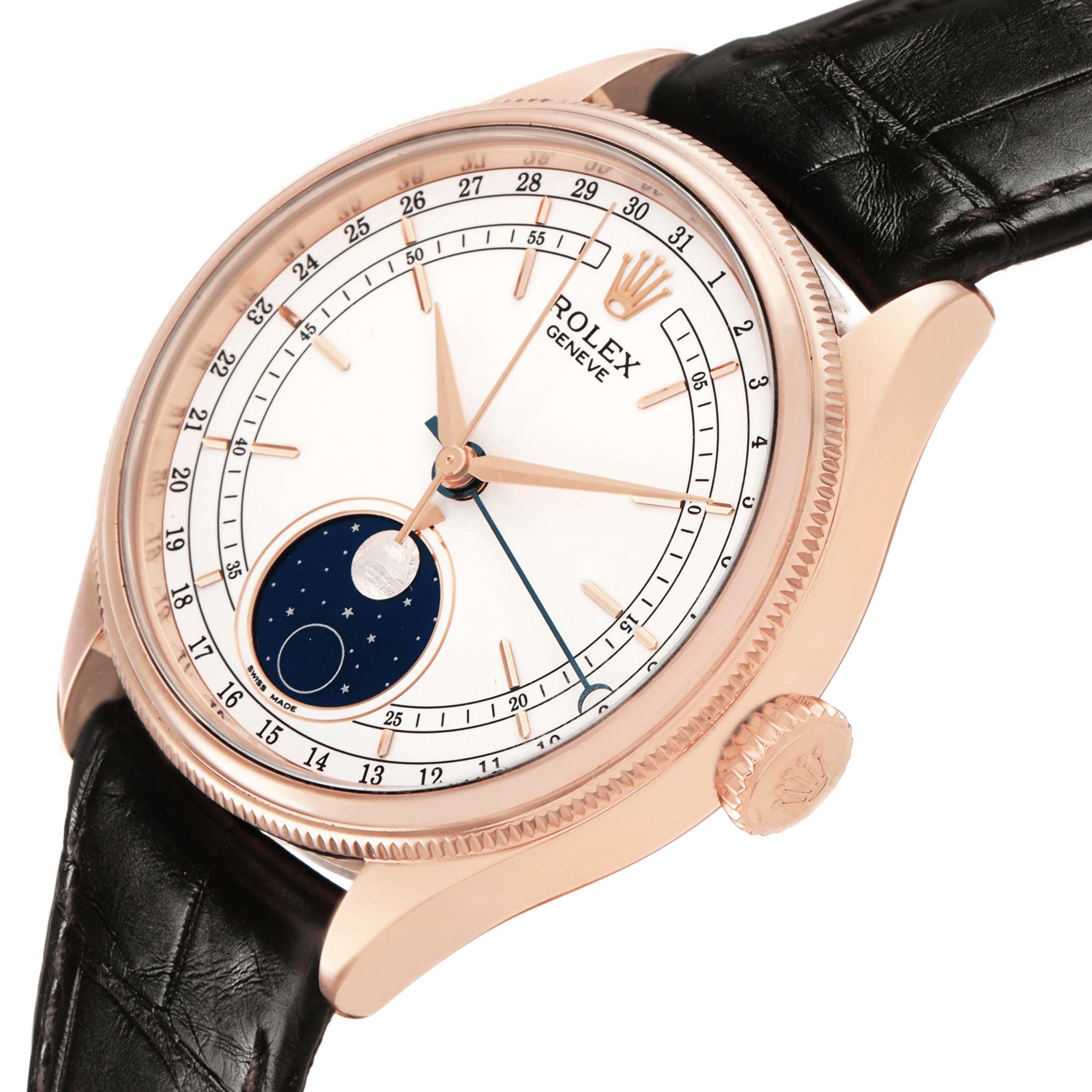 The Rolex Cellini 50535 Men's Rose Gold White Dial watch is shown at a slight angle, featuring the dial, hands, crown, and leather strap.
