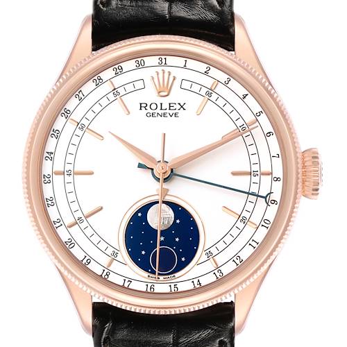 The image shows the Rolex Cellini 50535 Men's Rose Gold White Dial watch from a top view, displaying the face, crown, and black leather strap.