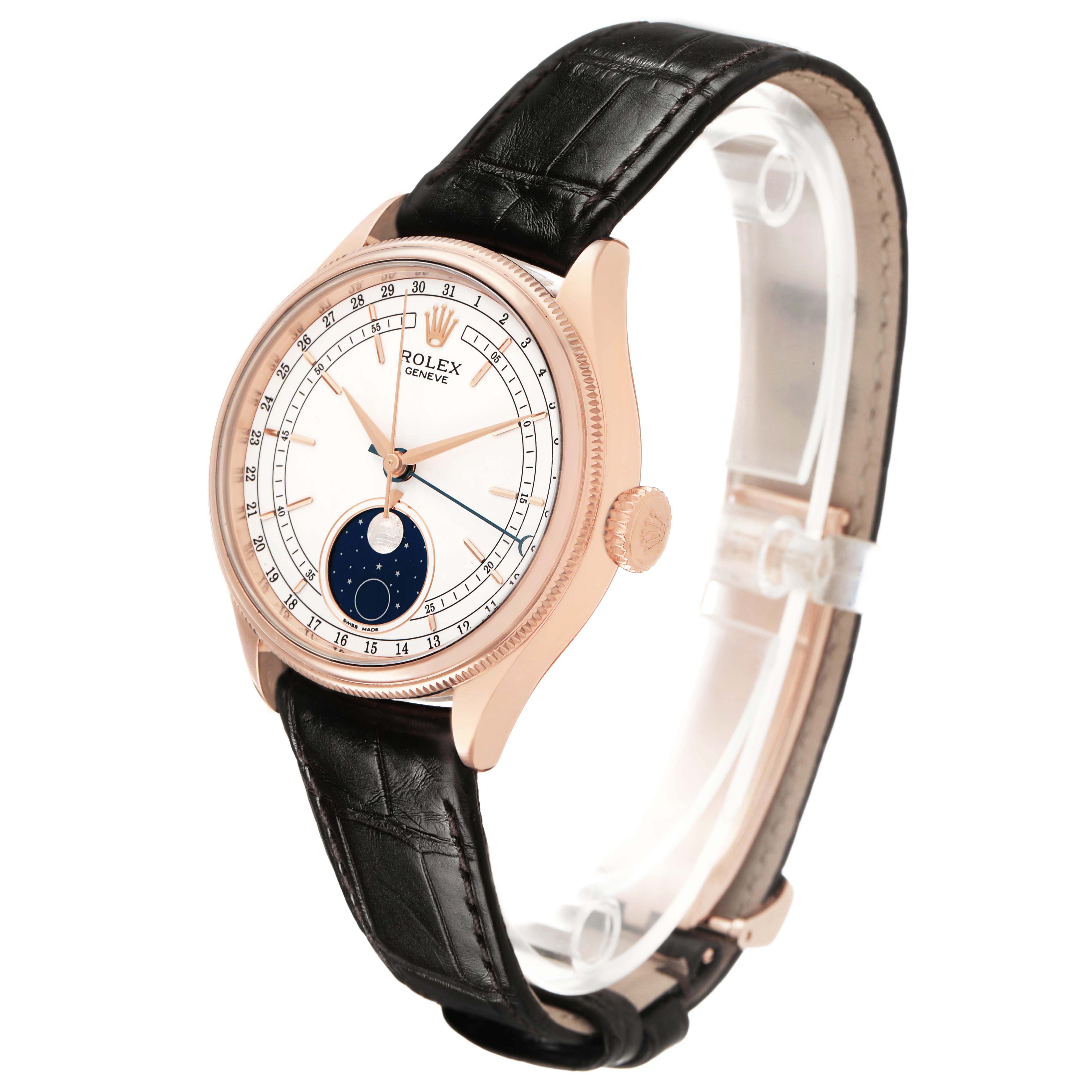 The Rolex Cellini 50535 Men's Rose Gold White Dial watch is shown at a 3 o'clock angle, displaying the face, crown, and leather strap clearly.