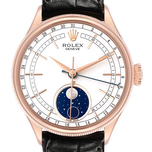 The Rolex Cellini 50535 Men's Rose Gold White Dial watch is shown from the front, displaying its dial, hands, crown, and moon phase subdial.