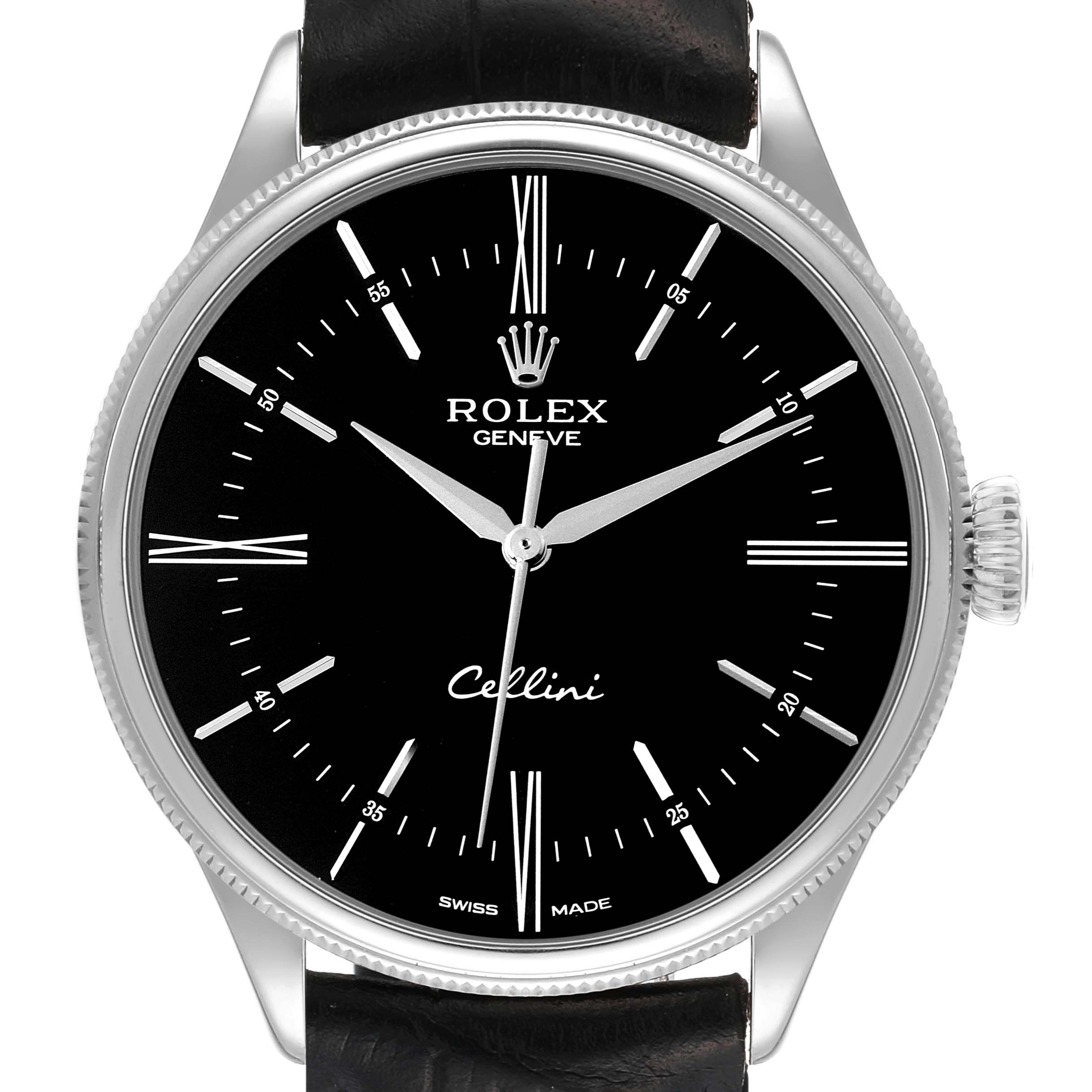 The image shows the front view of a Rolex Cellini 50509 Men's White Gold Black Dial 50509 Men's White Gold Black Dial watch, highlighting its dial, hands, and crown.