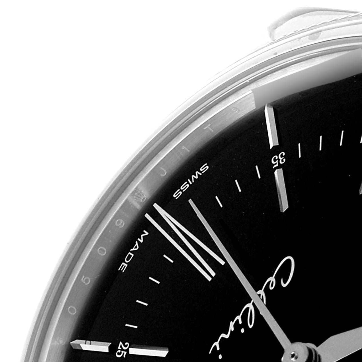 This image shows a close-up of the dial's upper right section, including the "Cellini" branding on the Rolex Cellini 50509 Men's White Gold Black Dial 50509 Men's White Gold Black Dial watch.